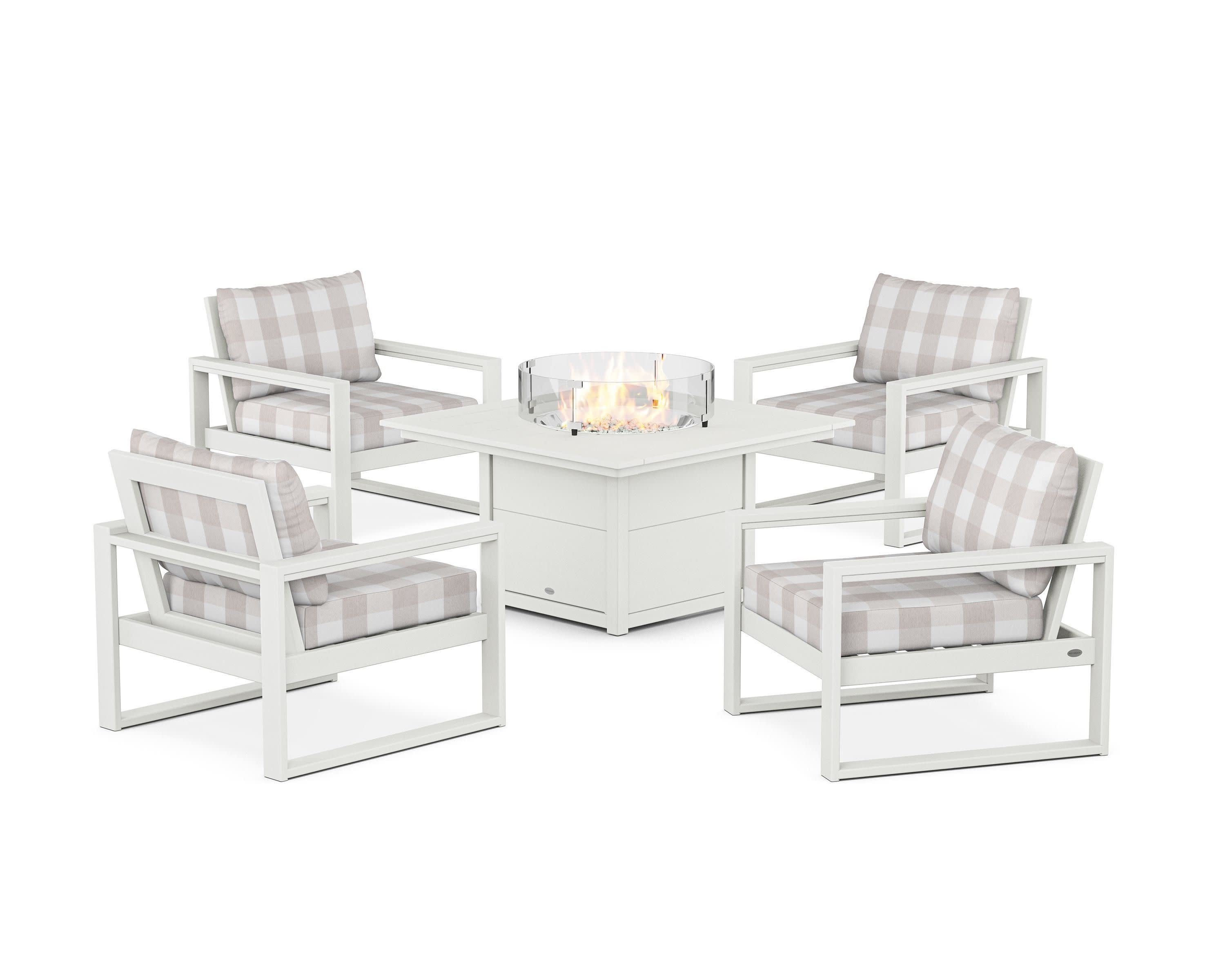 EDGE Sectional 5-Piece Deep Seating Set with Fire Pit Table in Vintage White / Buffalo Plaid Dune Burlap