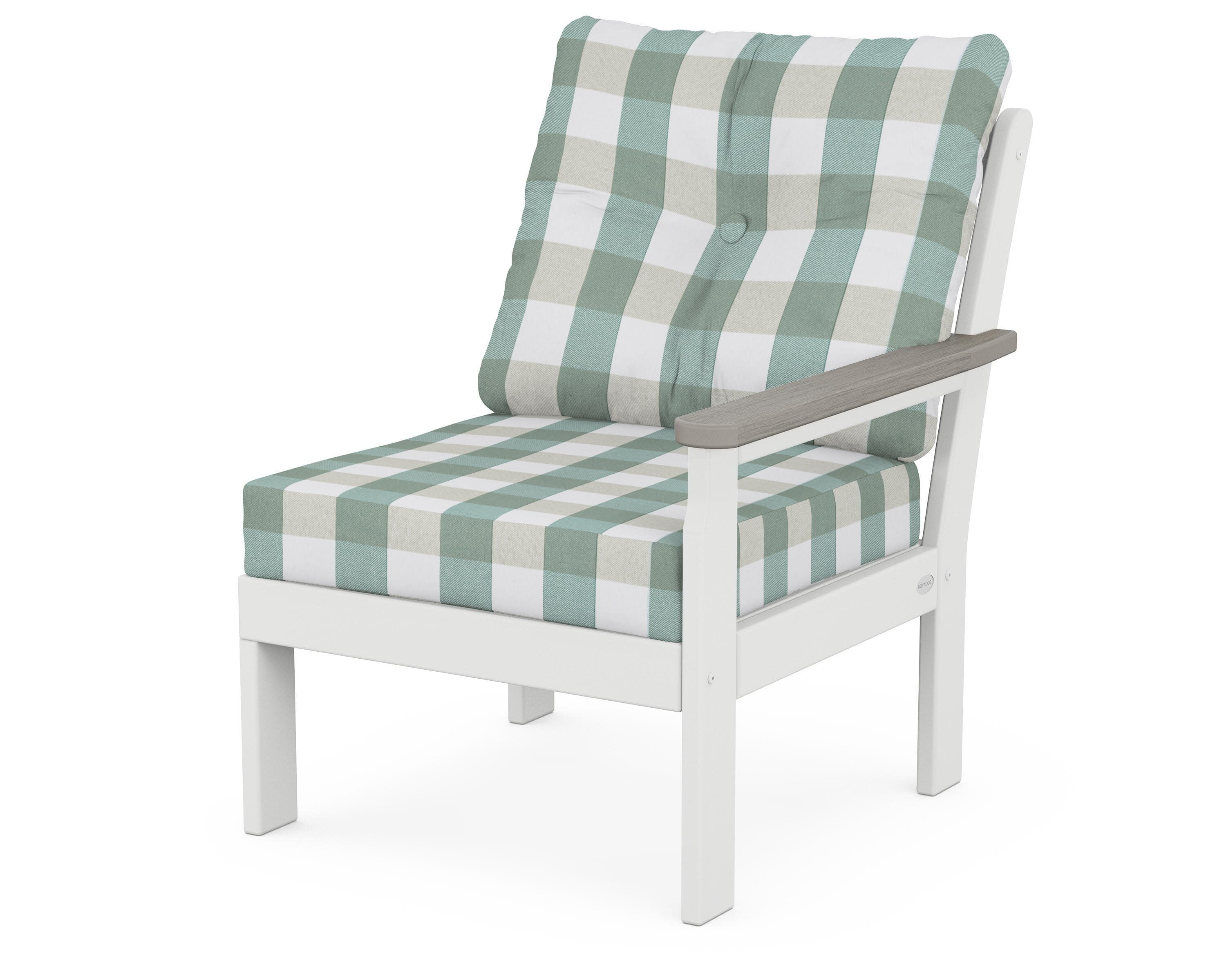 Vineyard Modular Right Arm Chair in White / Driftwood / Buffalo Plaid Glacier Spa