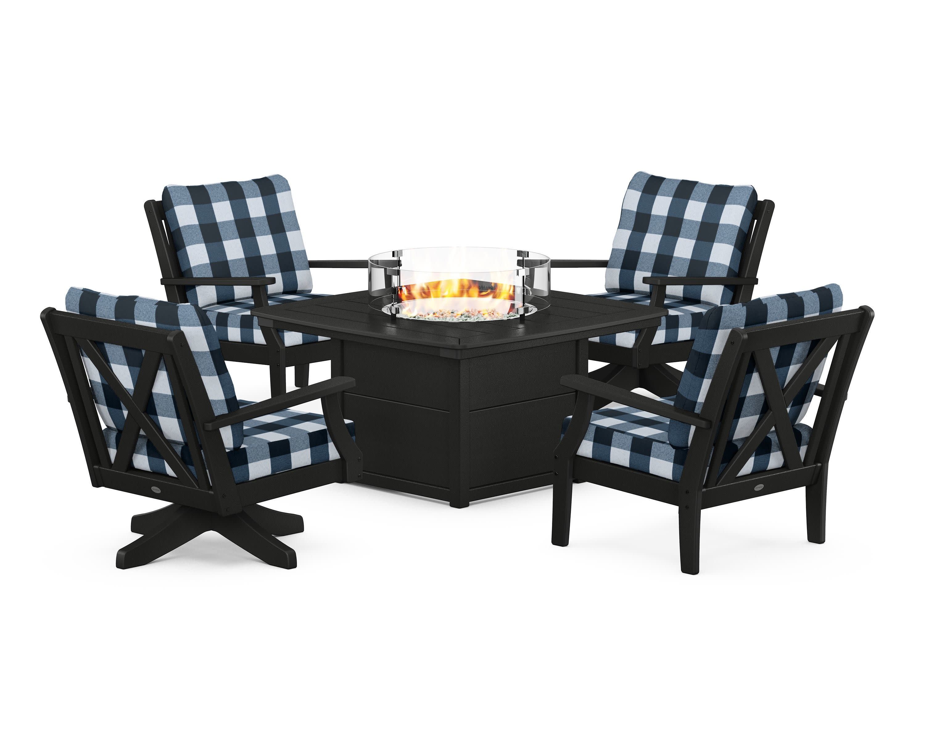 Braxton 5-Piece Deep Seating Set with Fire Table in Black / Buffalo Plaid Marine Indigo