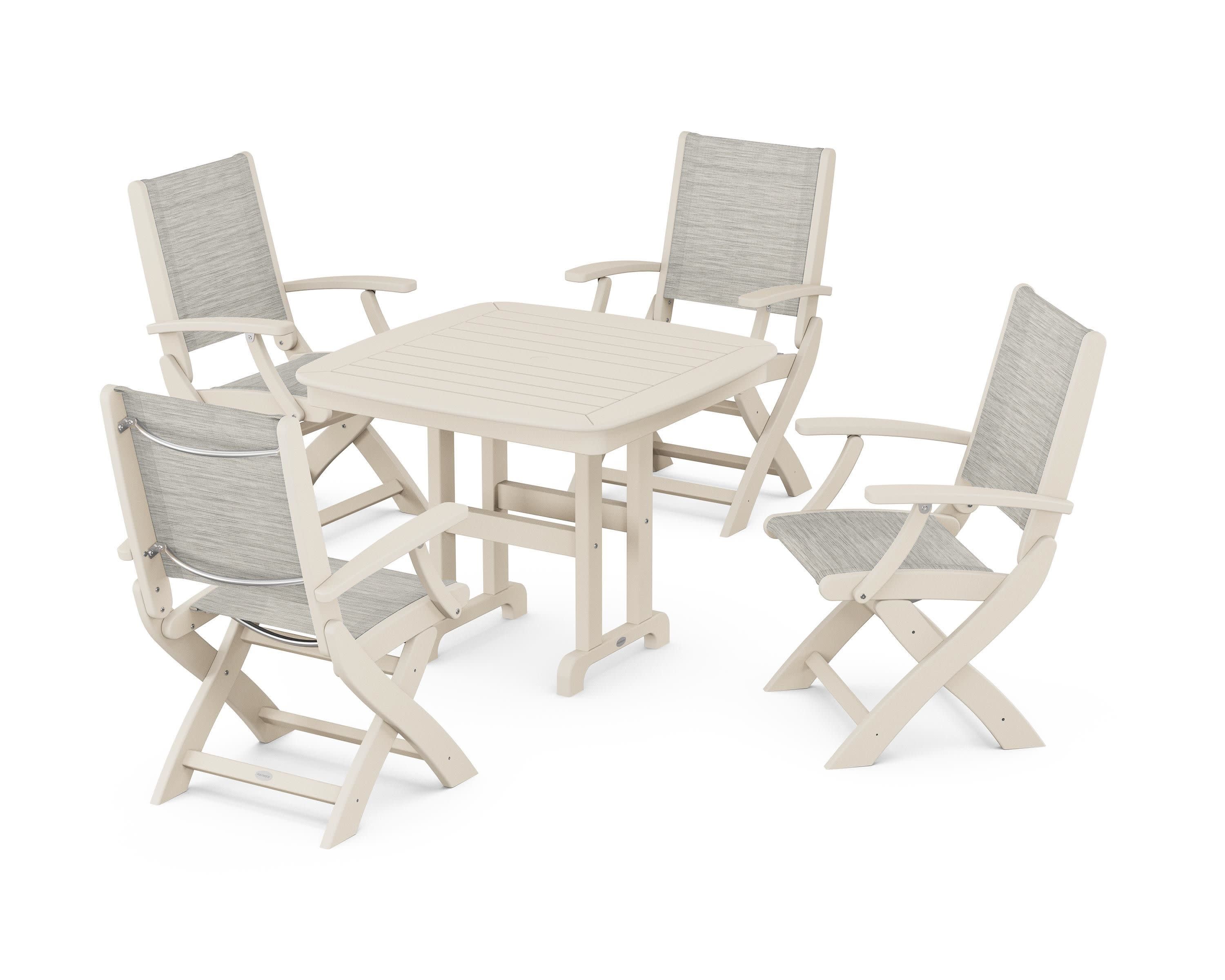 Coastal Folding Chair 5-Piece Dining Set in Sand / Birch Sling