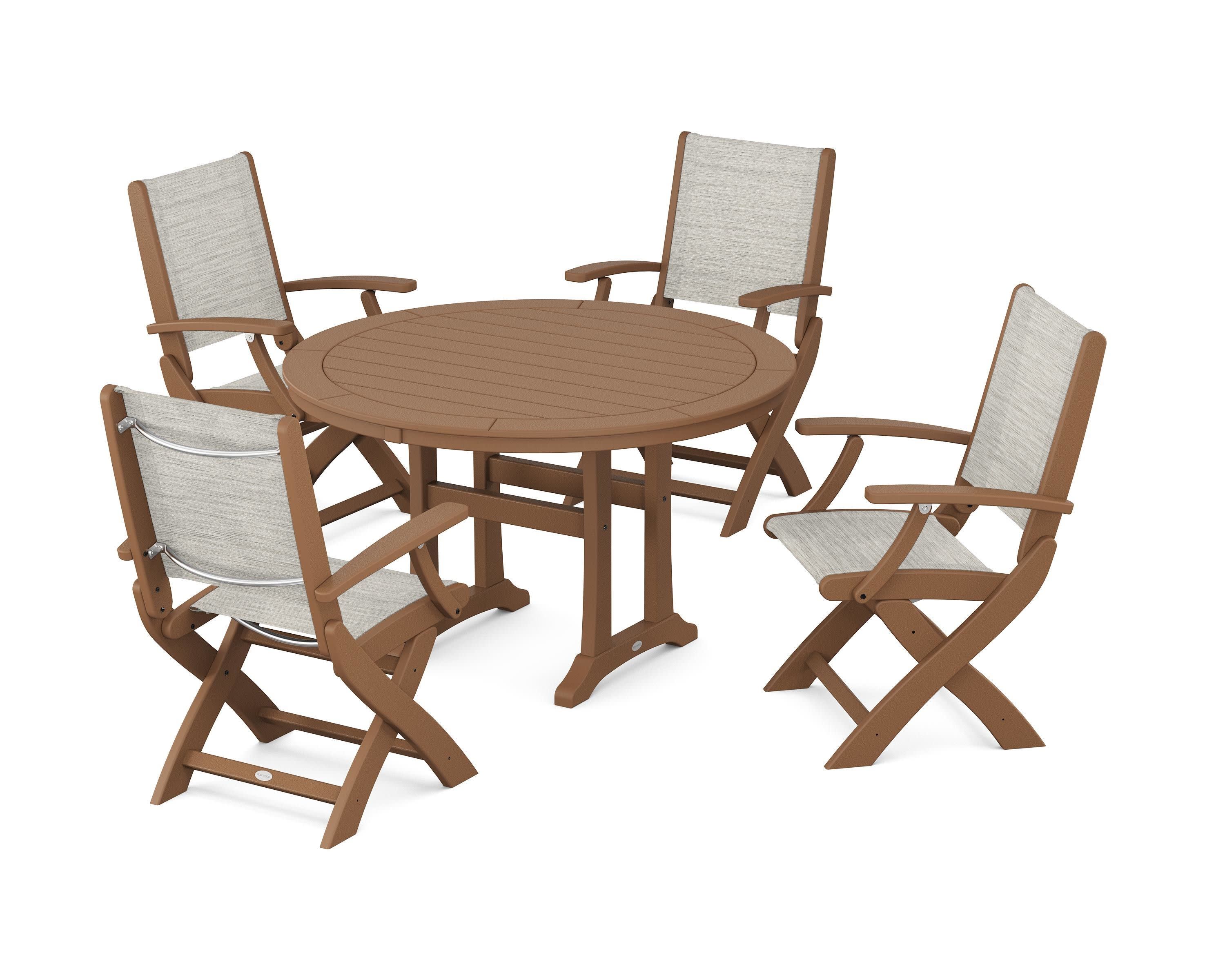 Coastal Folding Chair 5-Piece Round Dining Set with Trestle Legs in Teak / Birch Sling