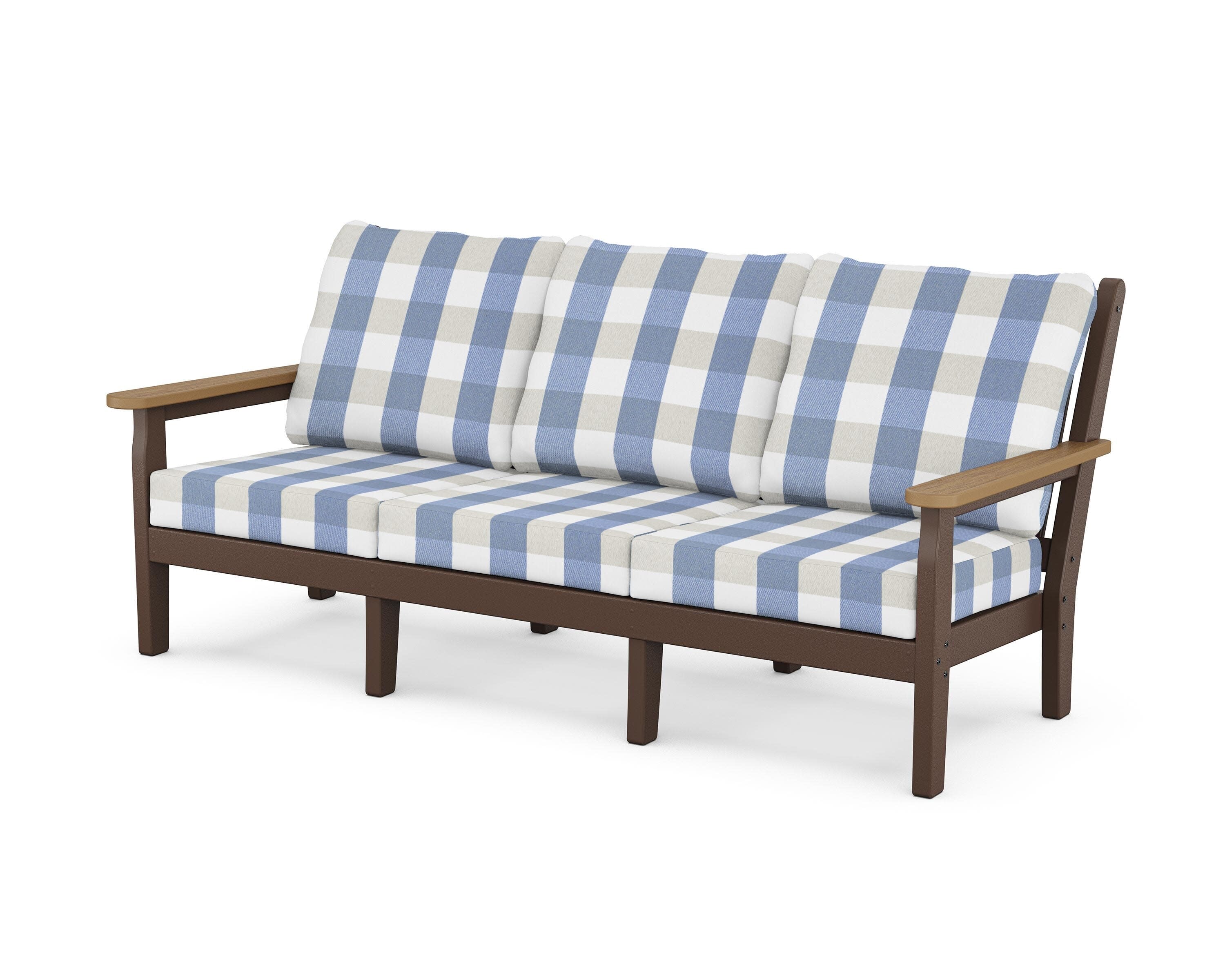 Chippendale Deep Seating Sofa in Mahogany / Natural / Buffalo Plaid Sky Blue