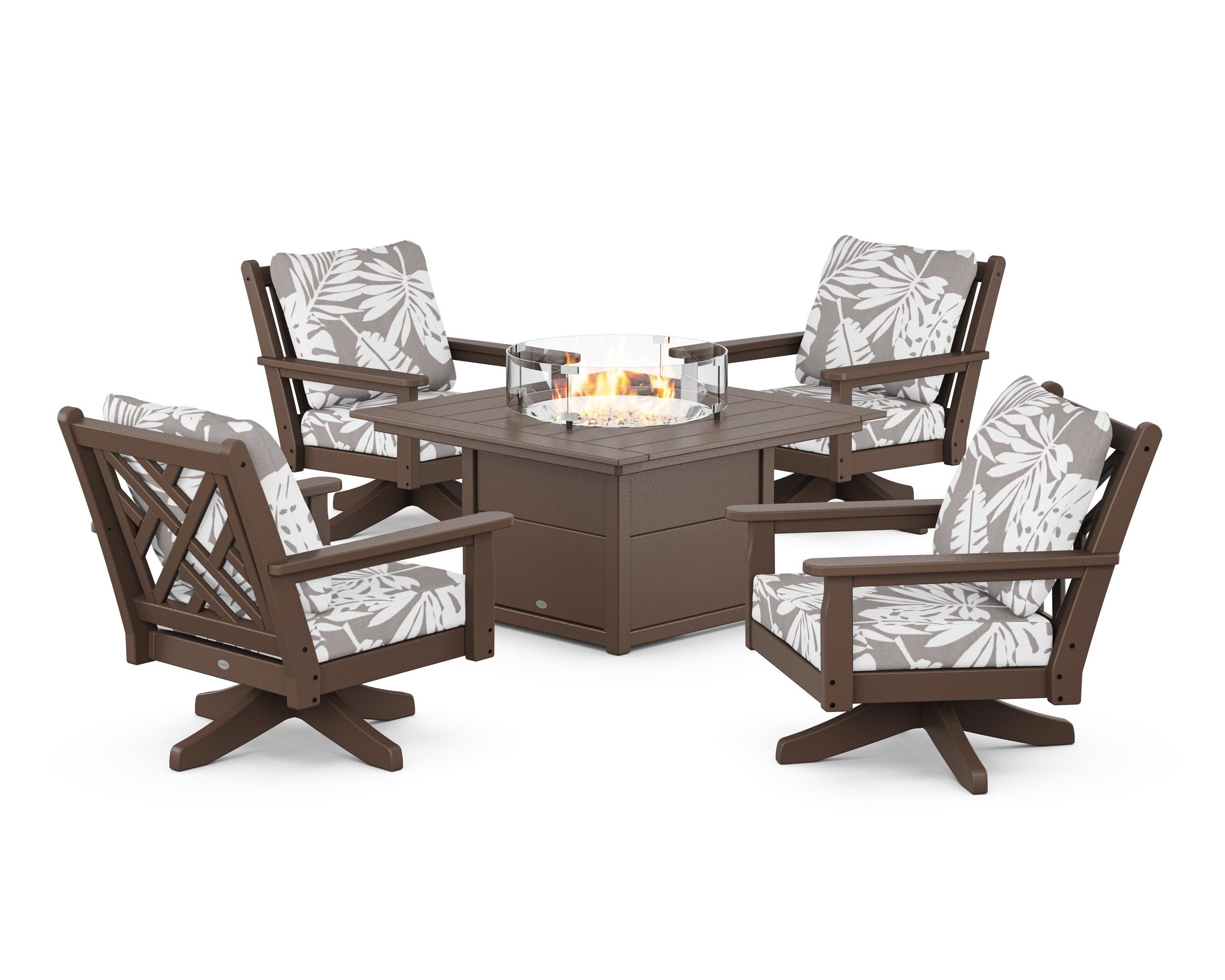 Chippendale 5-Piece Deep Seating Swivel Conversation Set with Fire Pit Table in Mahogany / Leaf Grey Mist