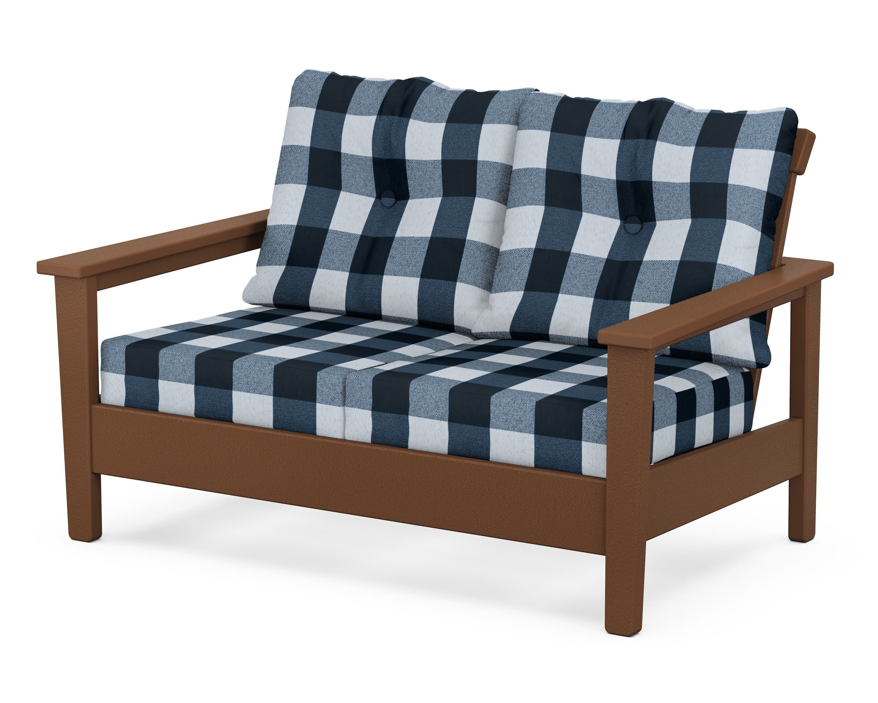 Prescott Deep Seating Loveseat in Teak / Buffalo Plaid Marine Indigo