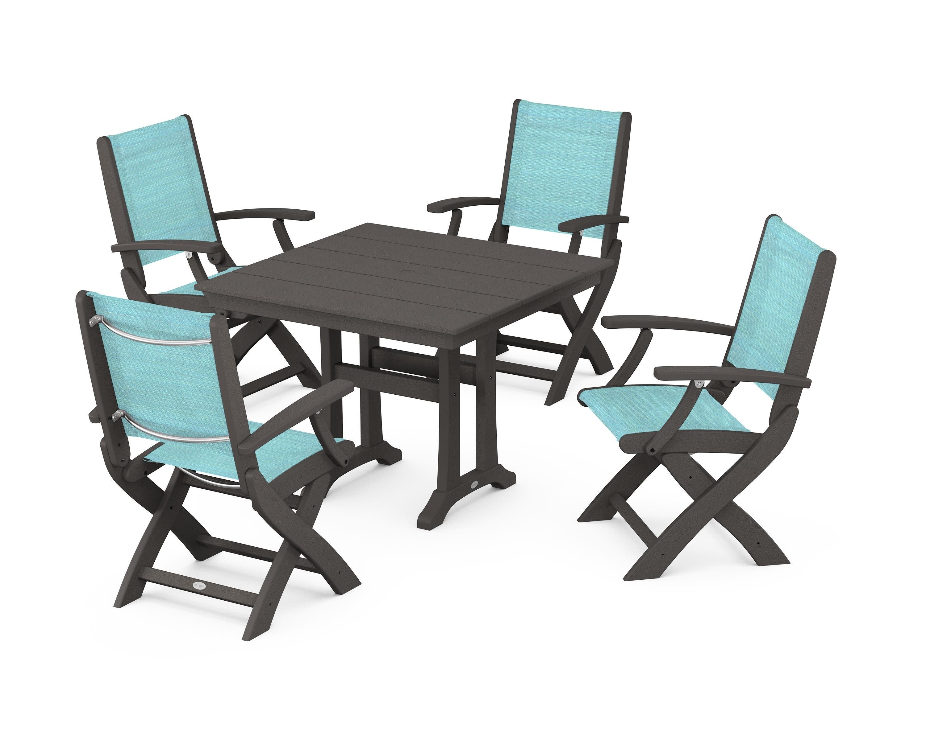 Coastal Folding Chair 5-Piece Farmhouse Dining Set With Trestle Legs in Vintage Coffee / Dupioni Aquamarine Sling