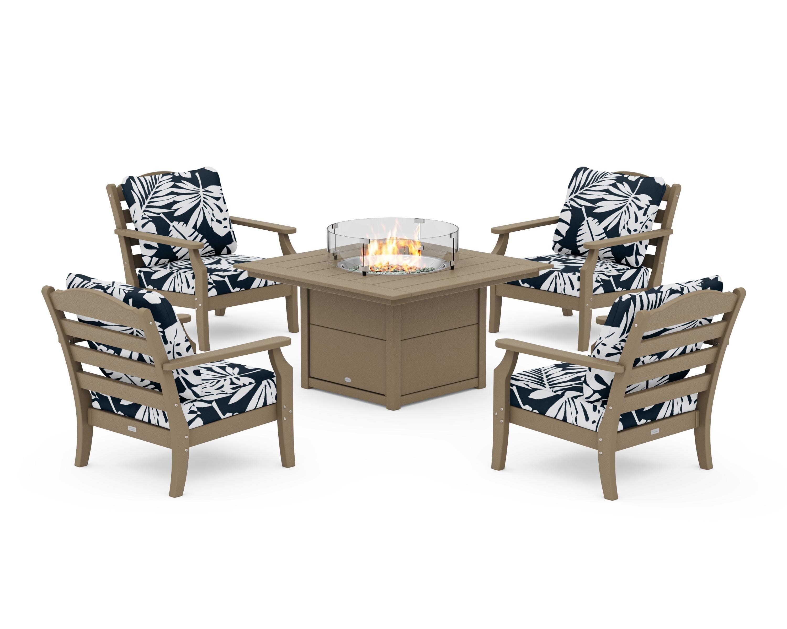 Savannah 5-Piece Deep Seating Set with Fire Pit Table in Vintage Sahara / Leaf Marine Indigo