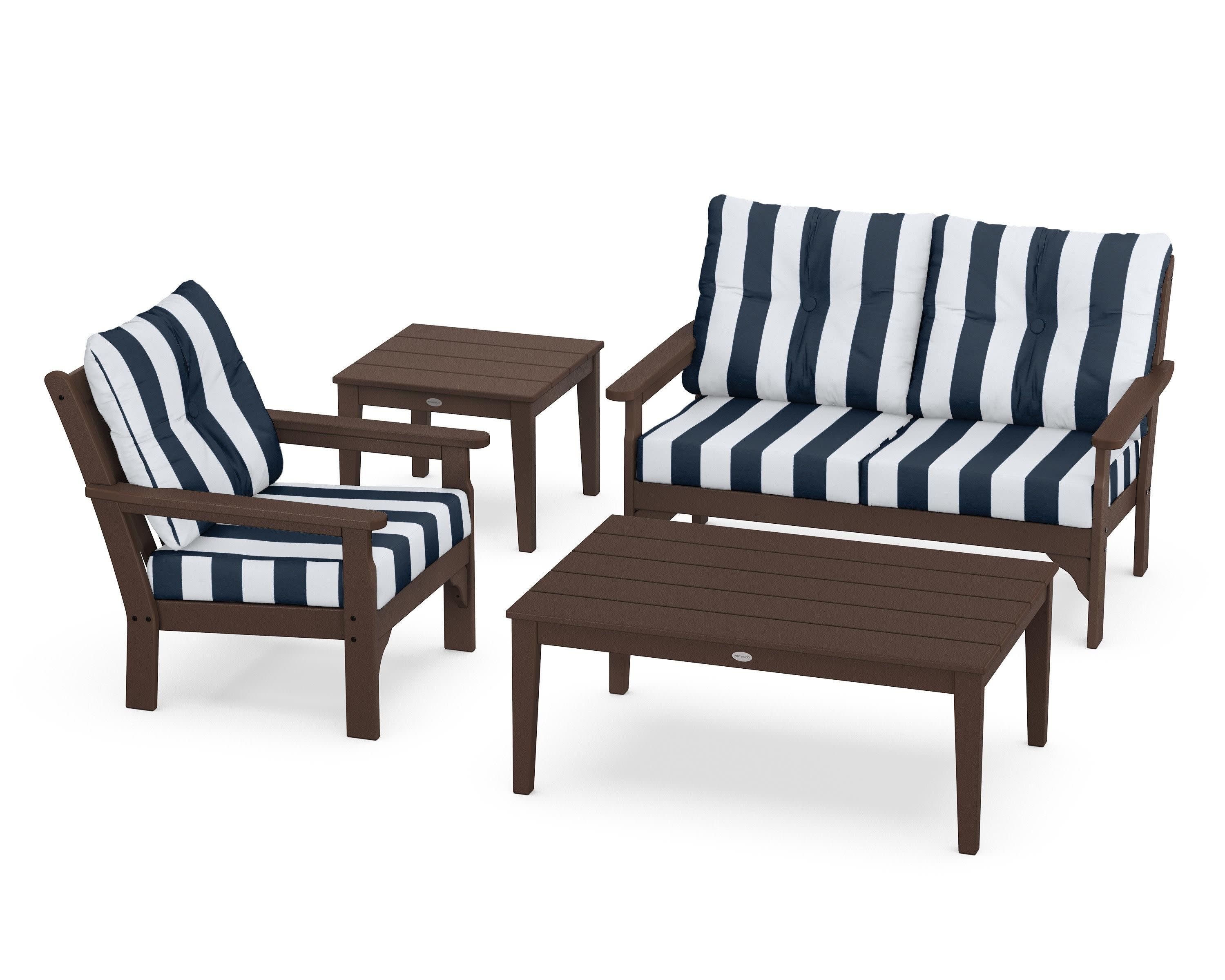 Vineyard 4-Piece Deep Seating Set in Mahogany / Cabana Stripe Marine Indigo