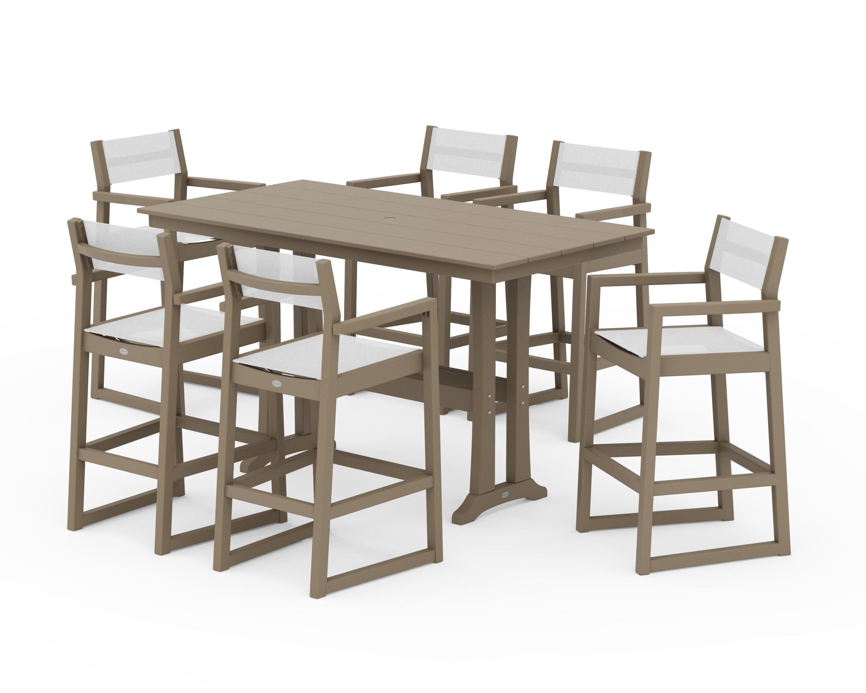 EDGE Sling Arm Chair 7-Piece Farmhouse Bar Set with Trestle Legs in Vintage Sahara / White Sling