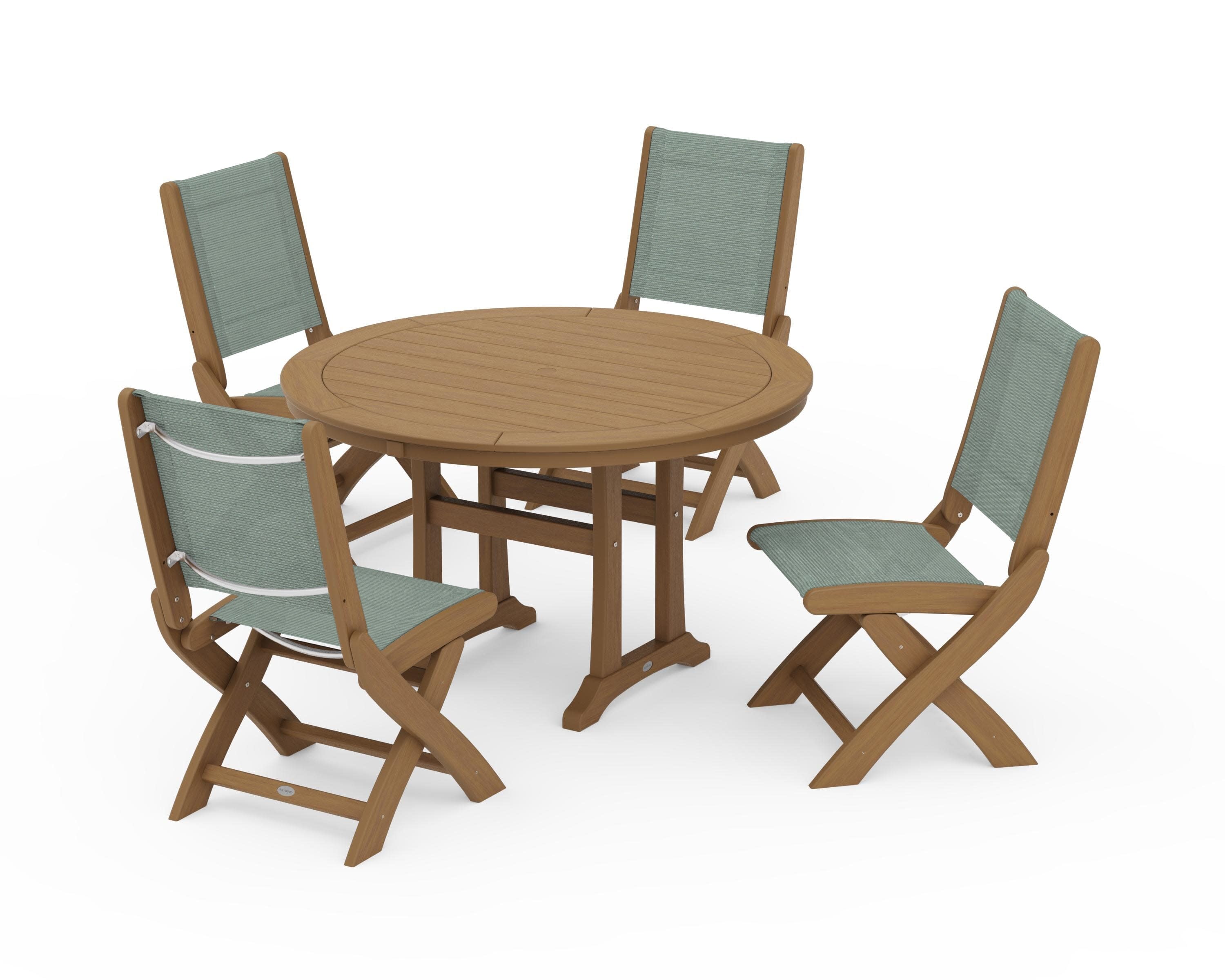 Coastal Folding Side Chair 5-Piece Round Dining Set With Trestle Legs in Natural / Dupioni Sea Mist Sling