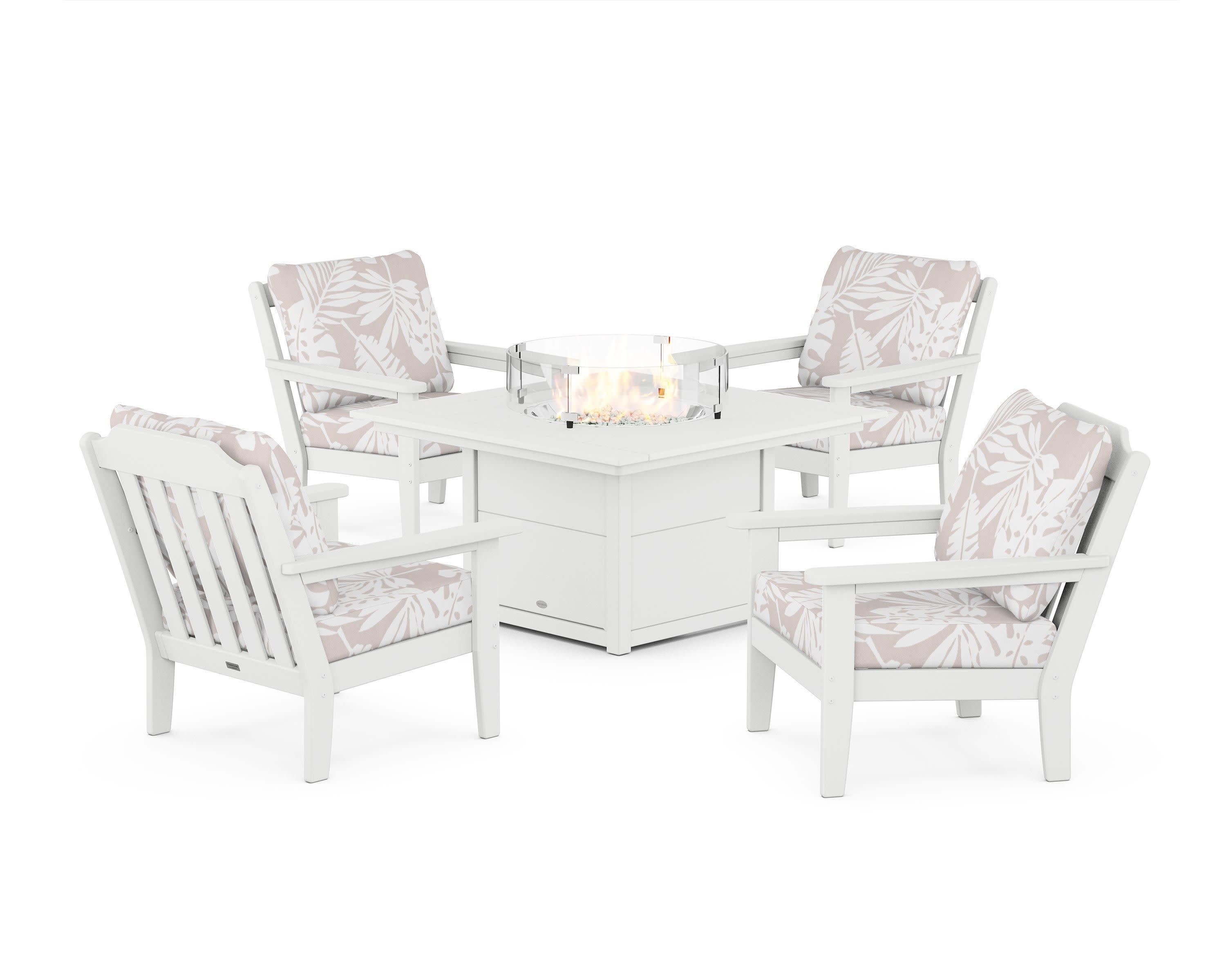 Cottage 5-Piece Deep Seating Set with Fire Pit Table in White / Leaf Dune Burlap