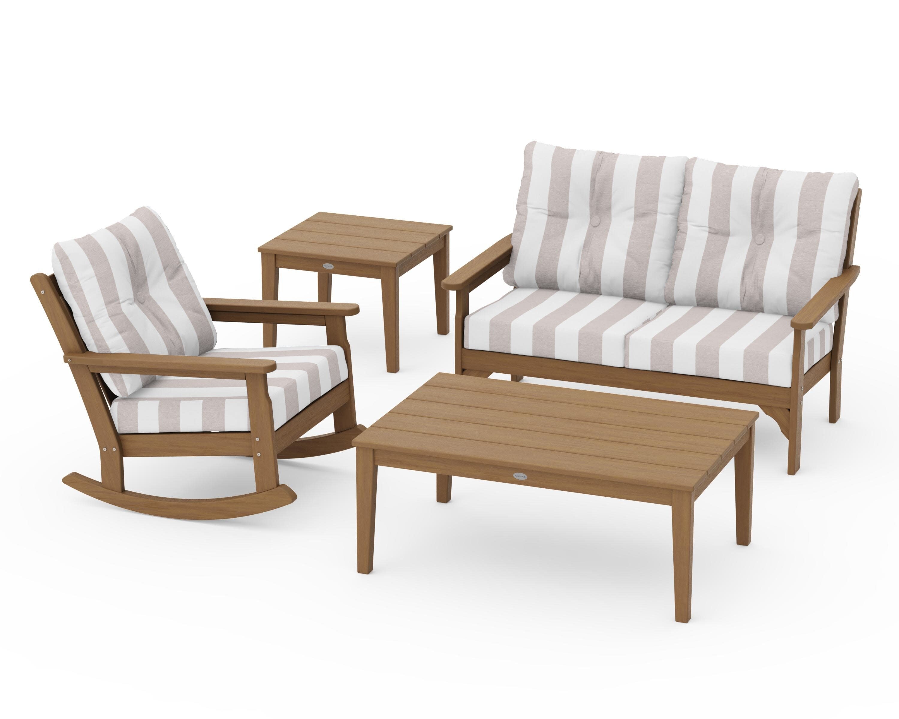 Vineyard 4-Piece Deep Seating Rocker Set in Natural / Cabana Stripe Dune Burlap