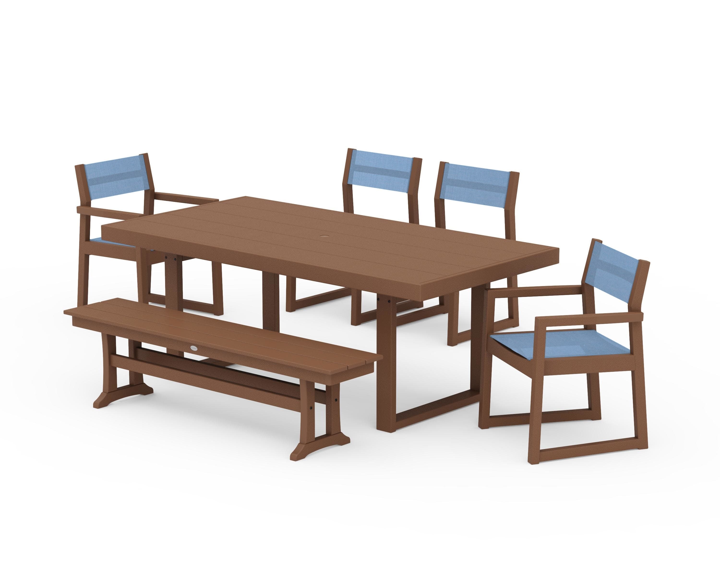EDGE Sling 6-Piece Dining Set with Bench in Teak / Poolside Sling