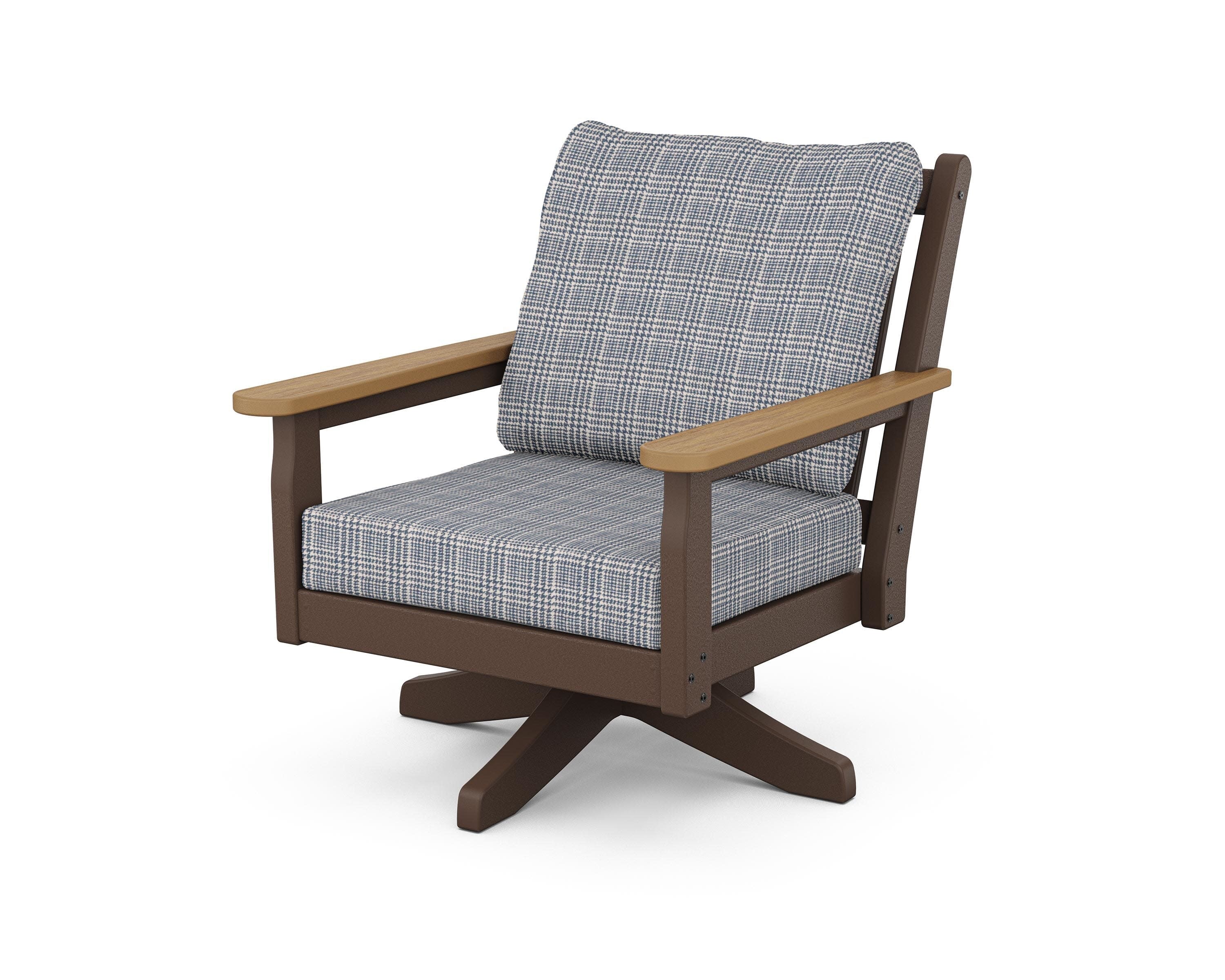 Chippendale Deep Seating Swivel Chair in Mahogany / Natural / Houndstooth Sky Blue