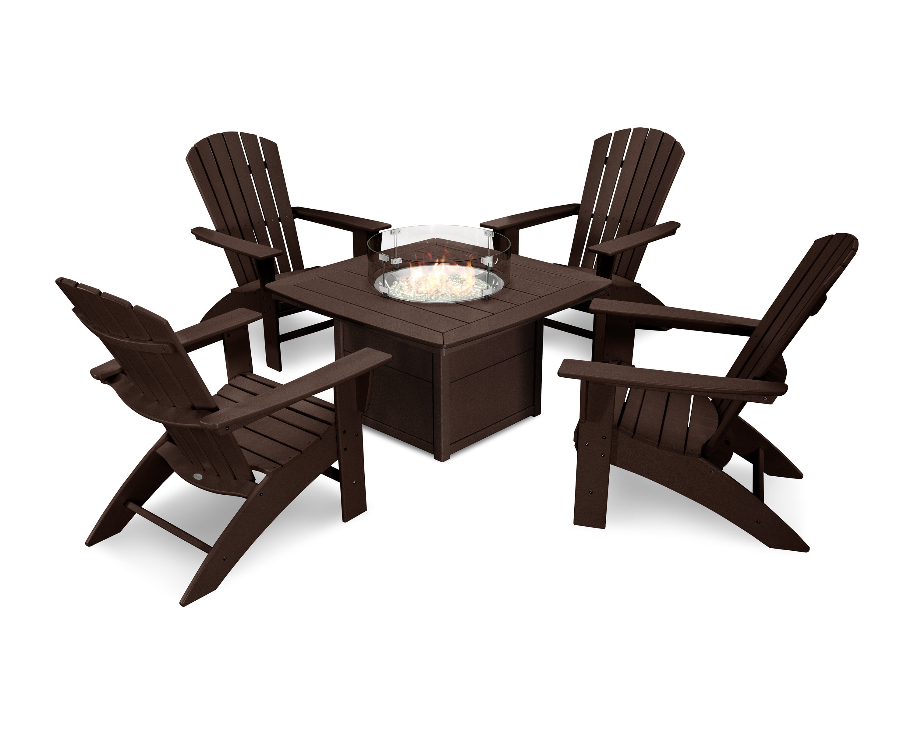 Nautical Curveback Adirondack 5-Piece Conversation Set with Fire Pit Table in Mahogany