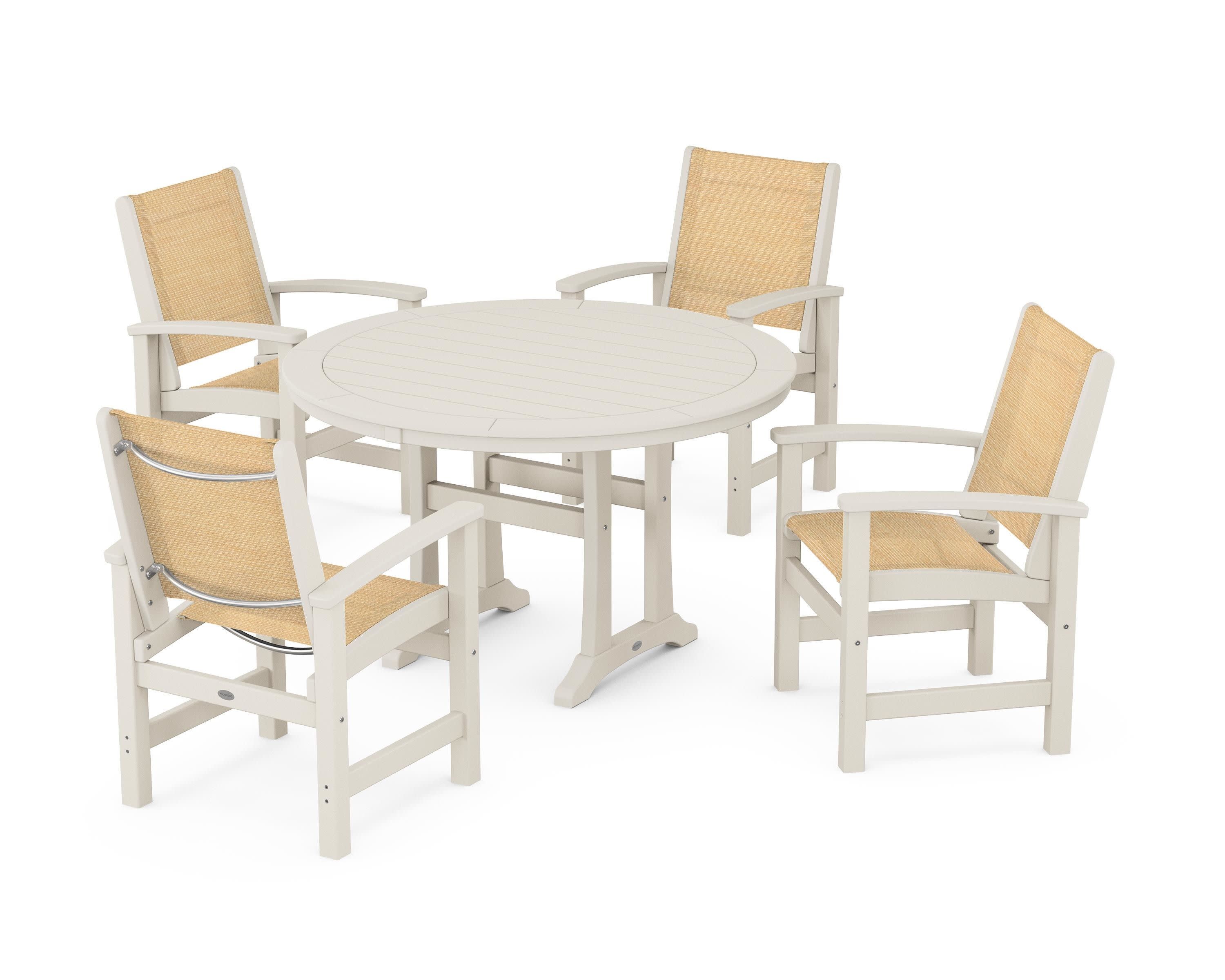 Coastal 5-Piece Round Dining Set with Trestle Legs in Sand / Dupioni Apricot Sling