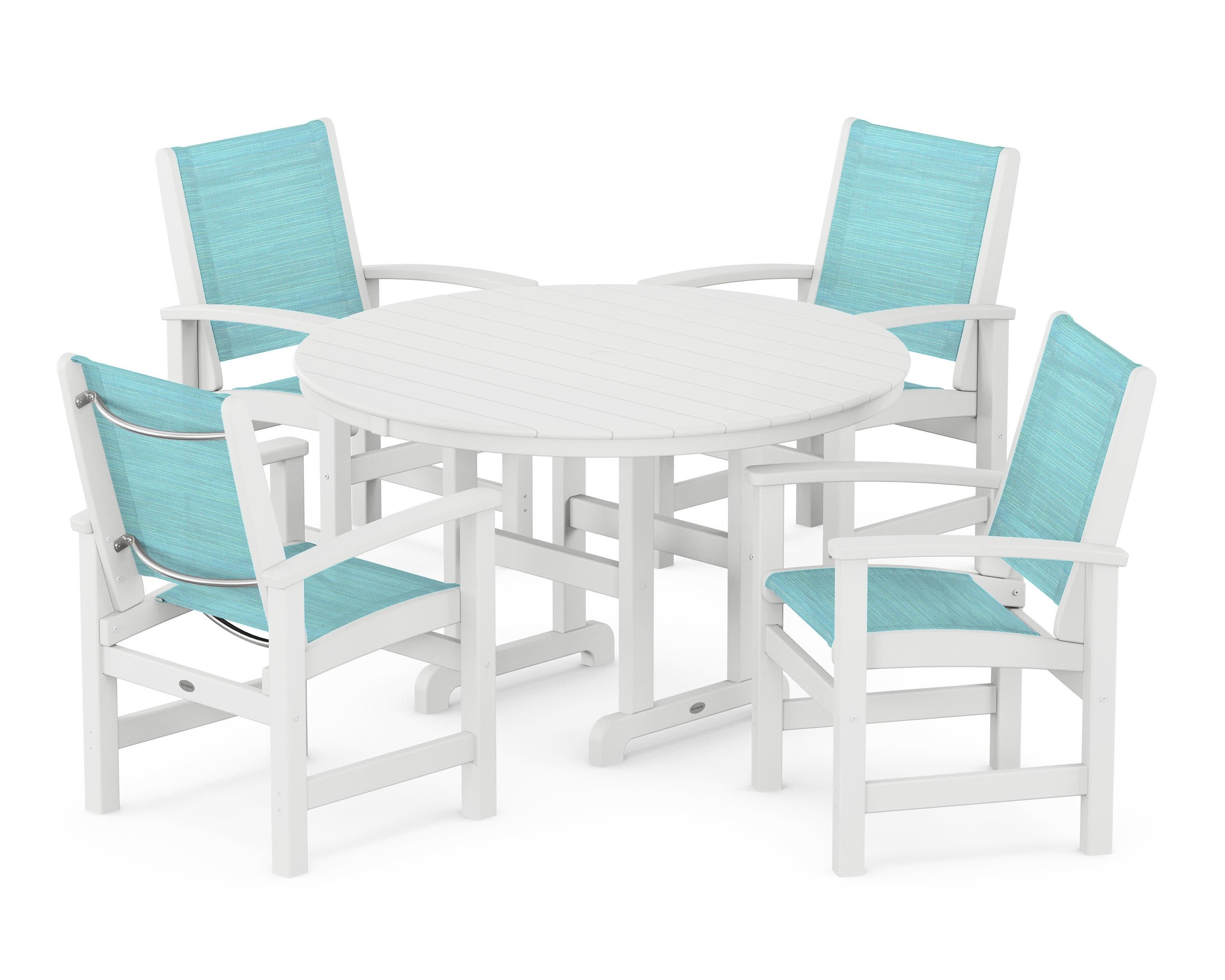 Coastal 5-Piece Round Farmhouse Dining Set in White / Dupioni Aquamarine Sling