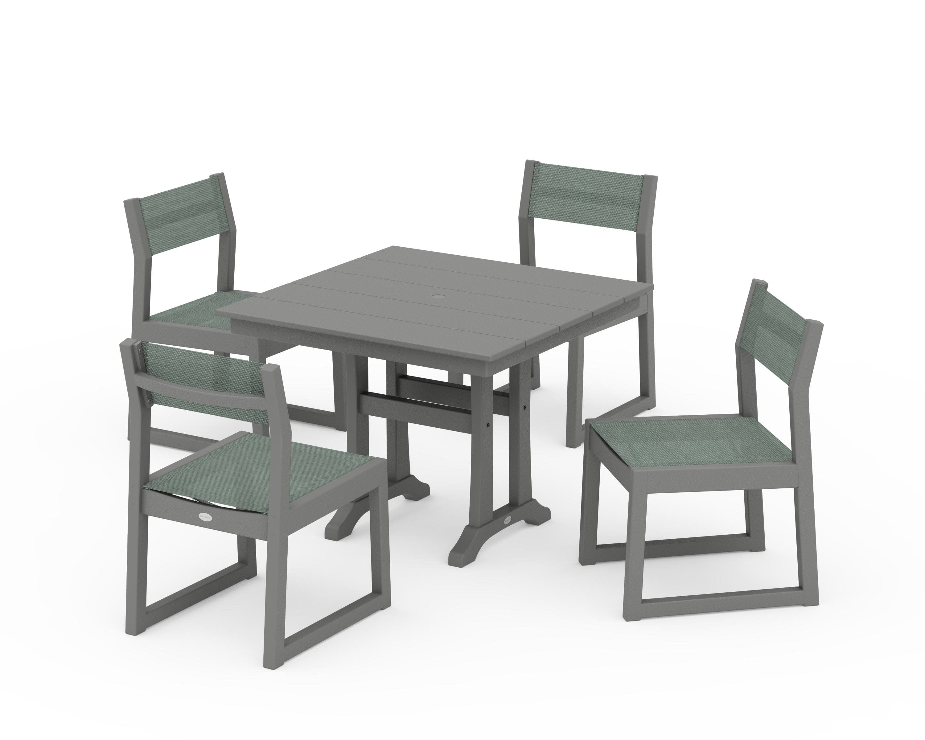 EDGE Sling 5-Piece Farmhouse Trestle Side Chair Dining Set in Slate Grey / Dupioni Sea Mist Sling