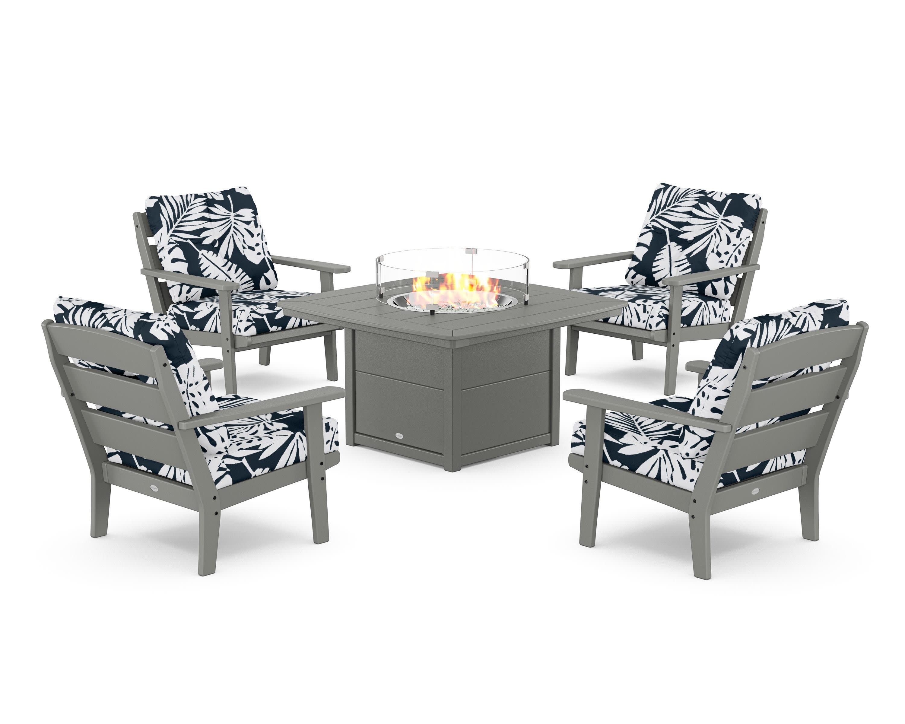 Lakeside 5-Piece Deep Seating Set with Nautical Fire Pit Table in Slate Grey / Leaf Marine Indigo