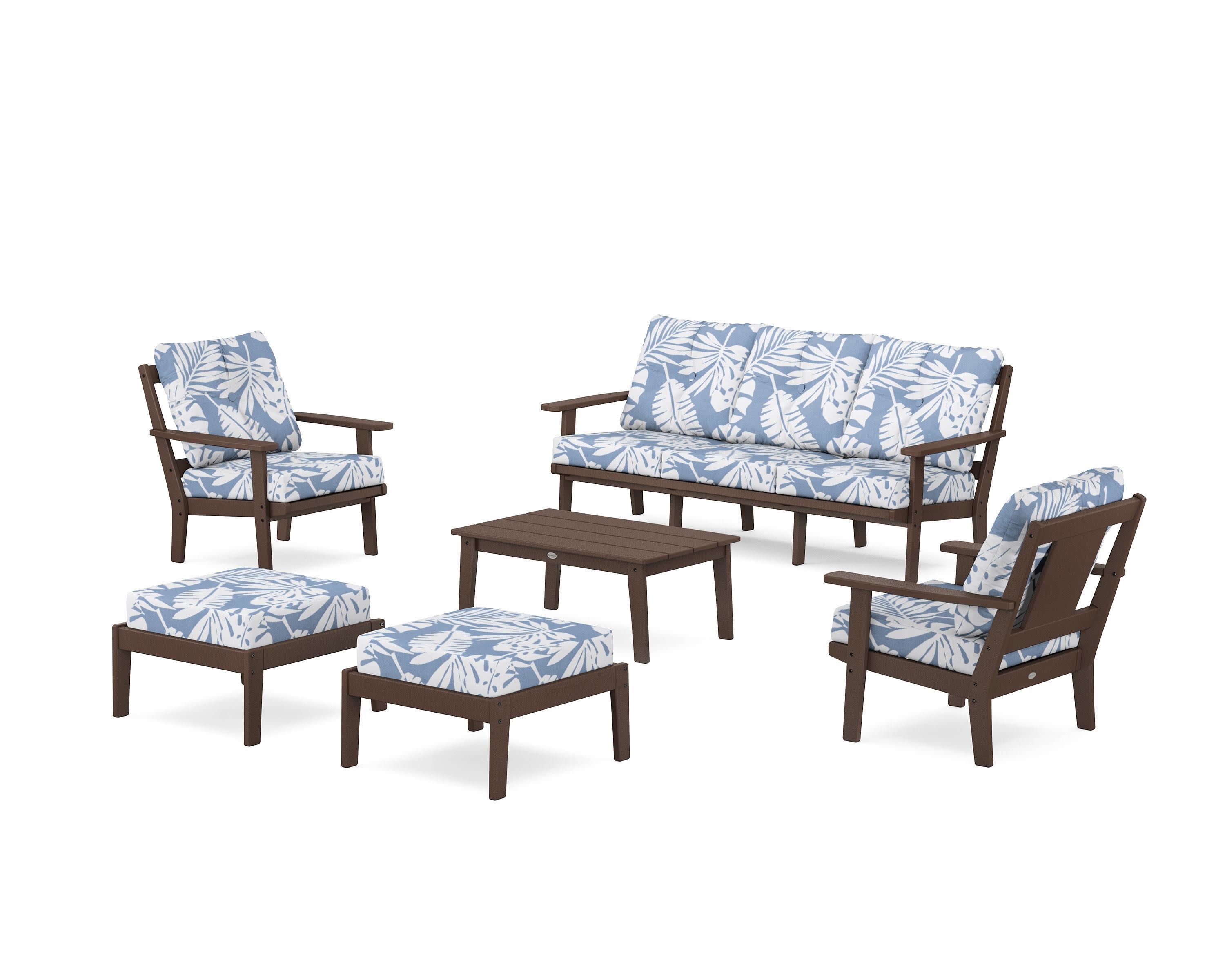 Prairie 6-Piece Lounge Sofa Set in Mahogany / Leaf Sky Blue