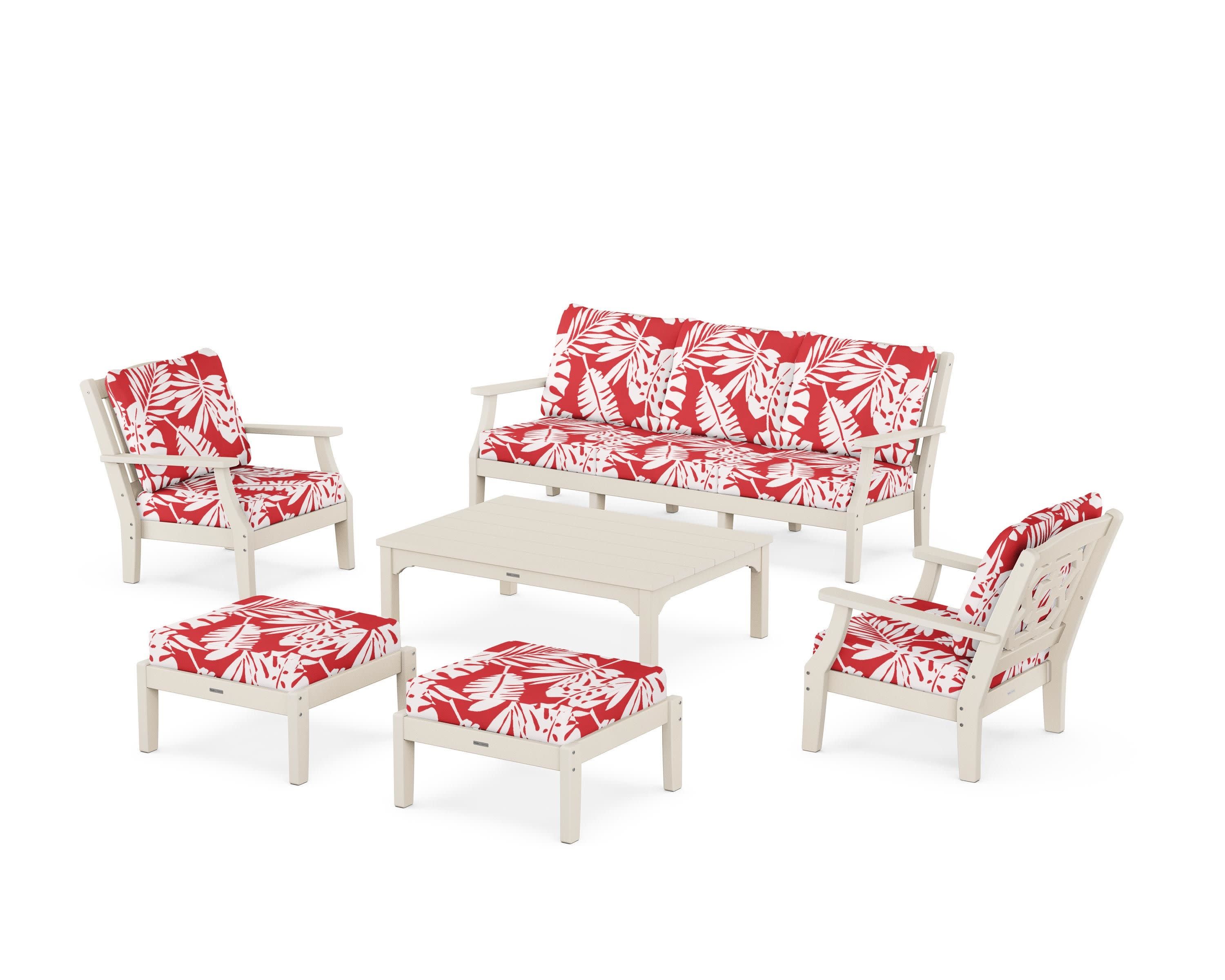 Chinoiserie 6-Piece Lounge Sofa Set in Sand / Leaf Crimson