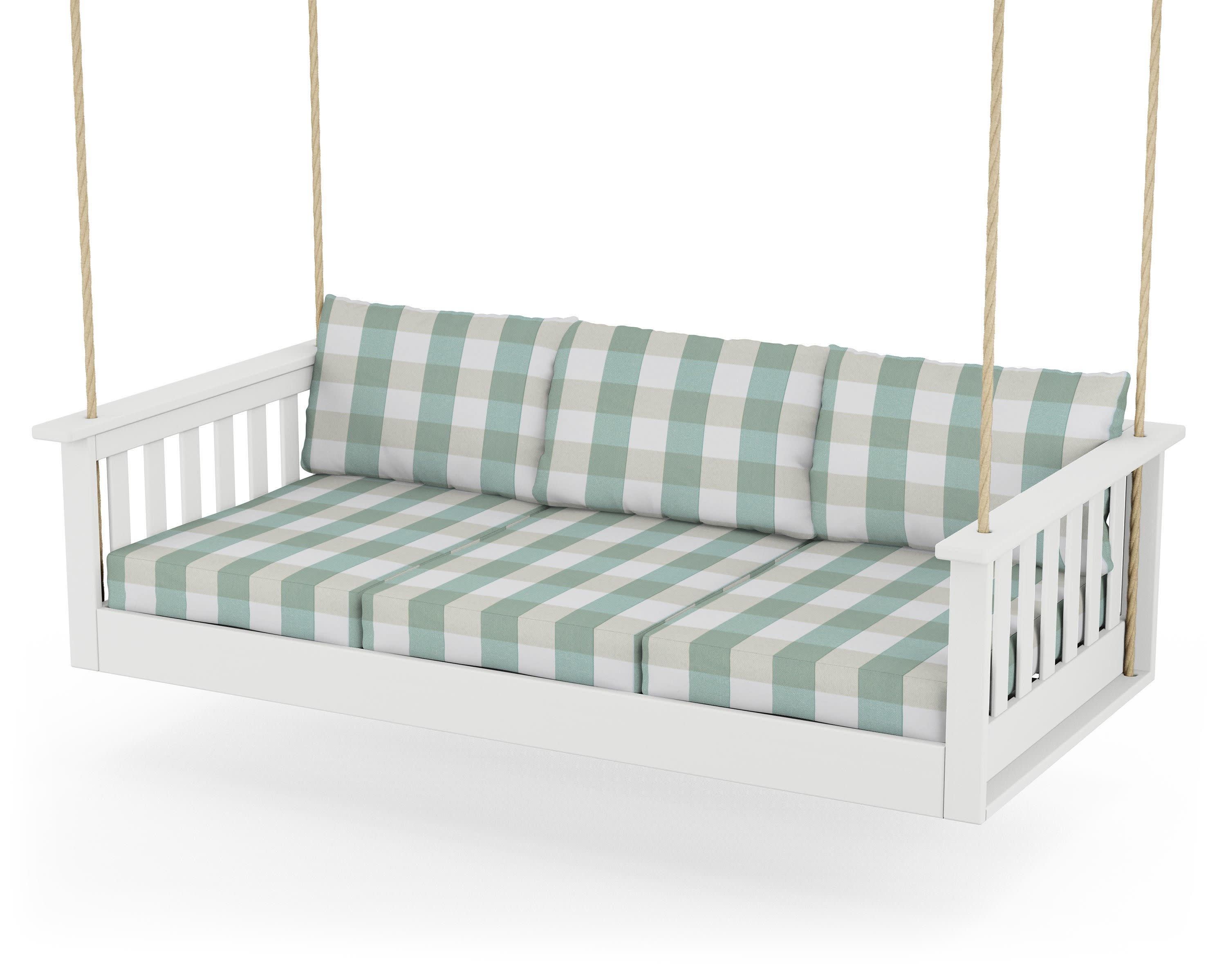 Vineyard Daybed Swing in White / Buffalo Plaid Glacier Spa