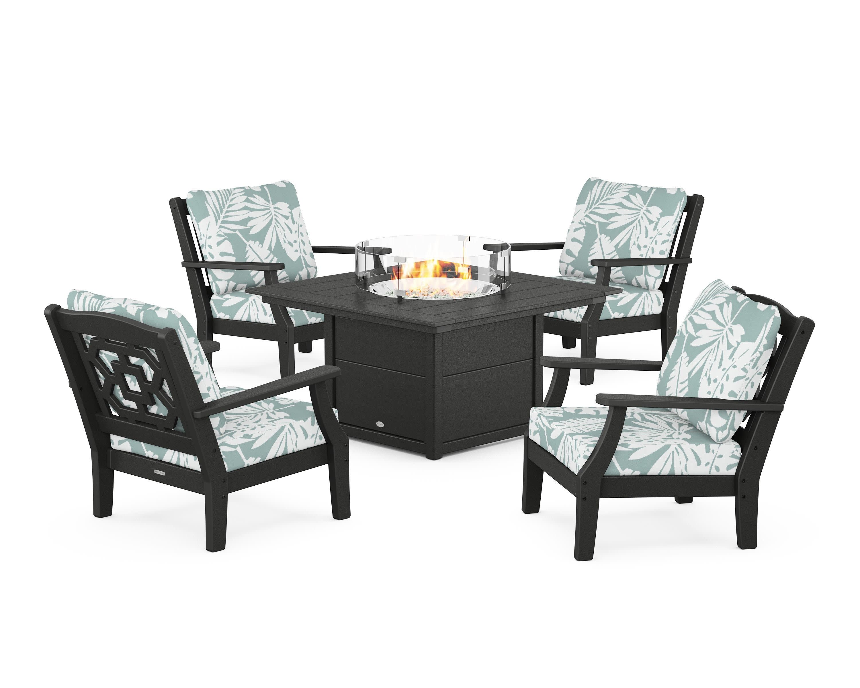 Chinoiserie 5-Piece Deep Seating Set with Fire Pit Table in Black / Leaf Glacier Spa
