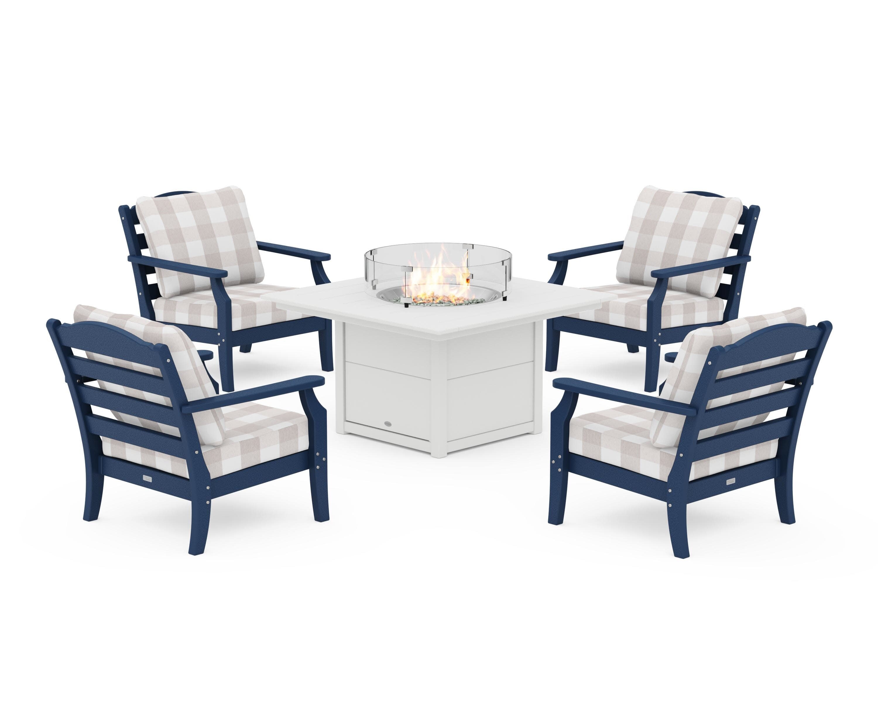 Savannah 5-Piece Deep Seating Set with Fire Pit Table in Navy / Buffalo Plaid Dune Burlap
