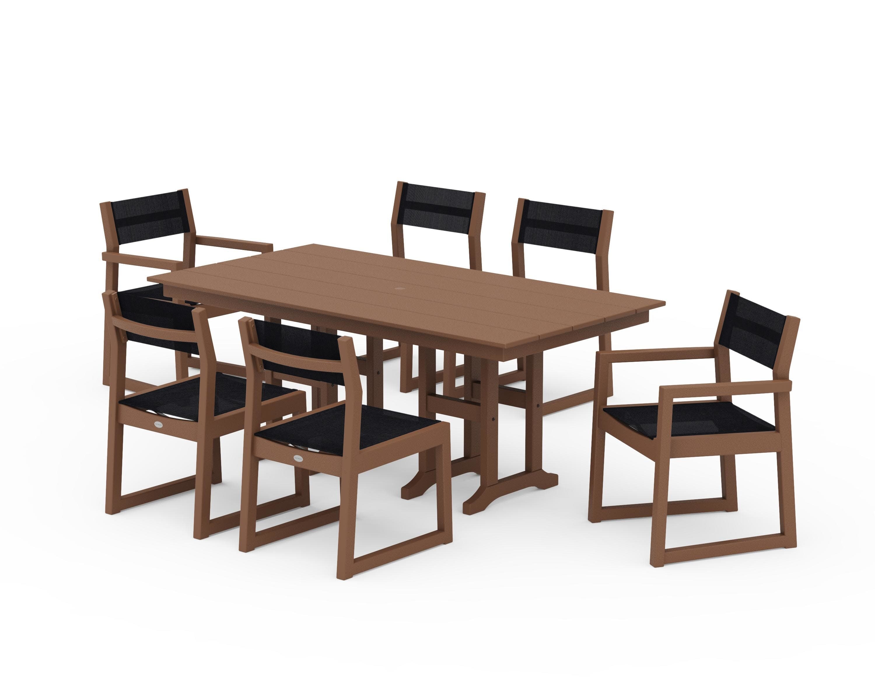 EDGE Sling 7-Piece Farmhouse Dining Set in Teak / Black Sling