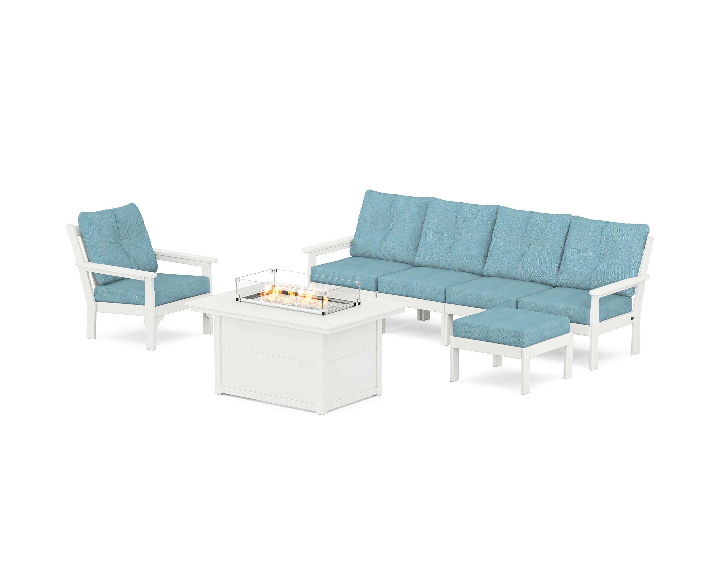 Vineyard Sectional Lounge and Fire Pit Set in White / Lattice Sky Blue