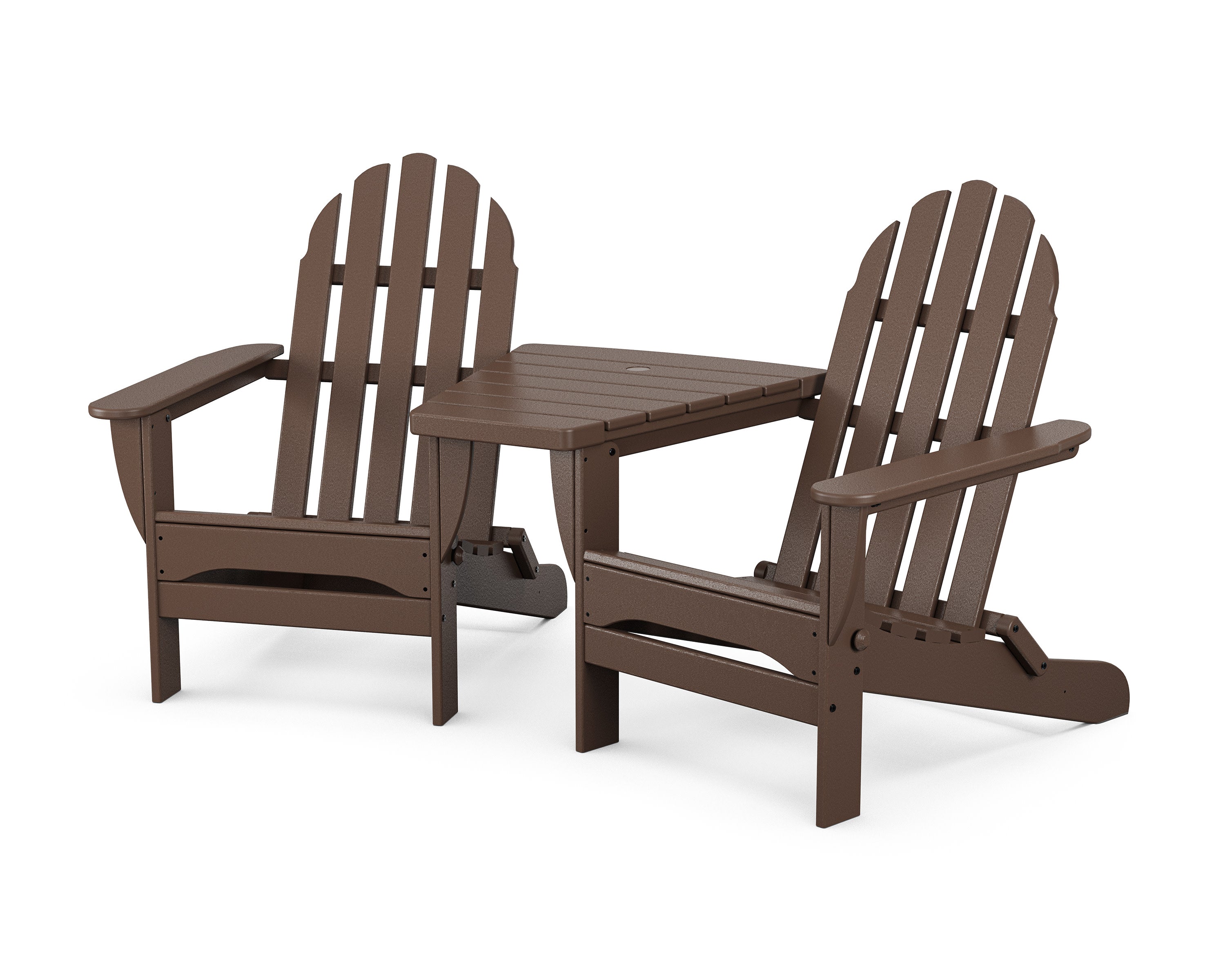 Classic Folding Adirondacks with Angled Connecting Table in Mahogany