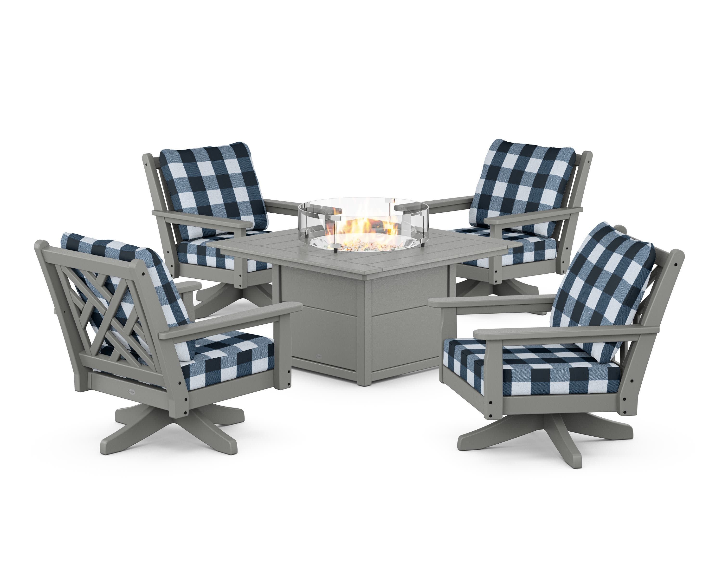 Chippendale 5-Piece Deep Seating Swivel Conversation Set with Fire Pit Table in Slate Grey / Buffalo Plaid Marine Indigo