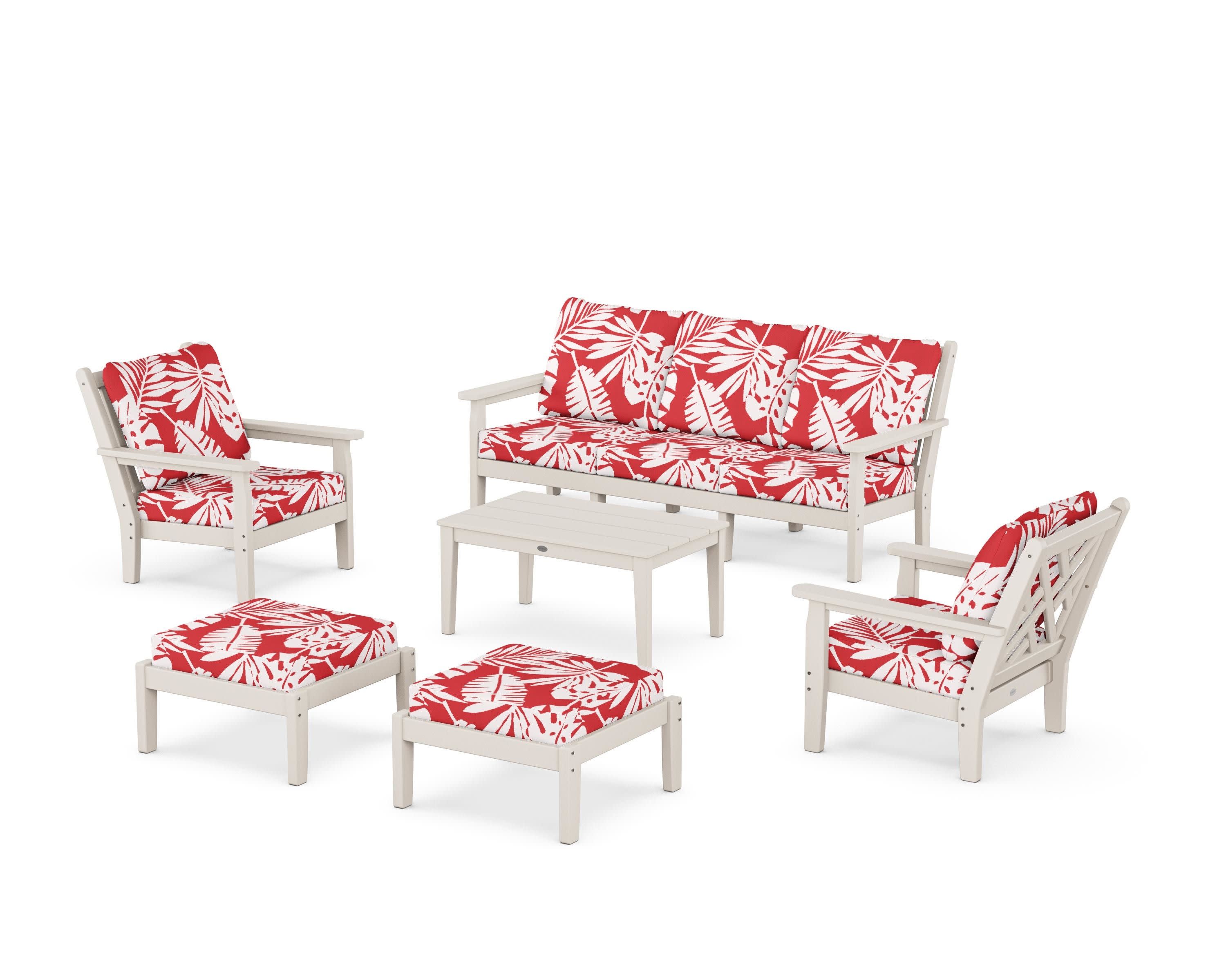Chippendale 6-Piece Lounge Sofa Set in Sand / Leaf Crimson