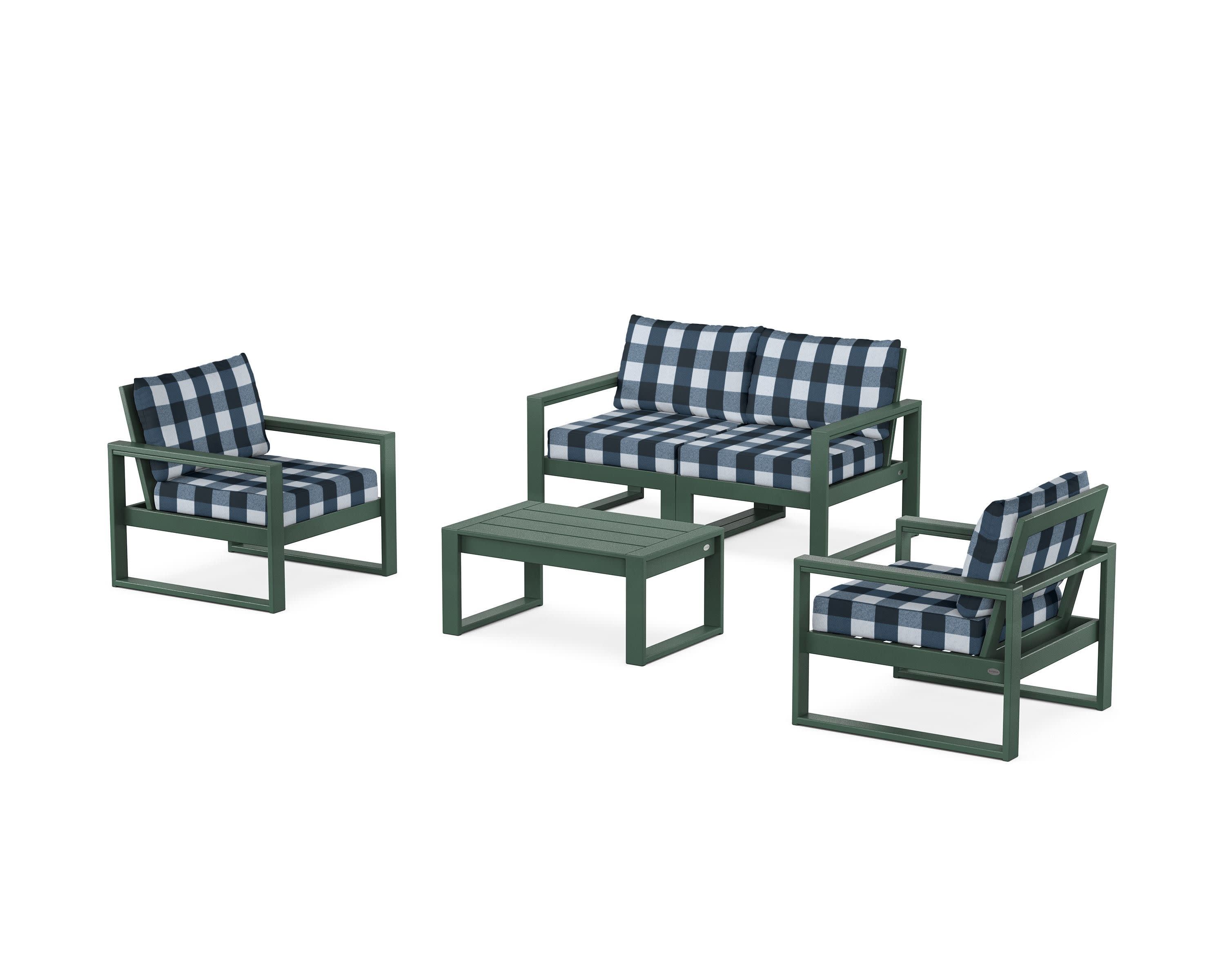 EDGE Sectional 4-Piece Deep Seating Set with Loveseat in Green / Buffalo Plaid Marine Indigo