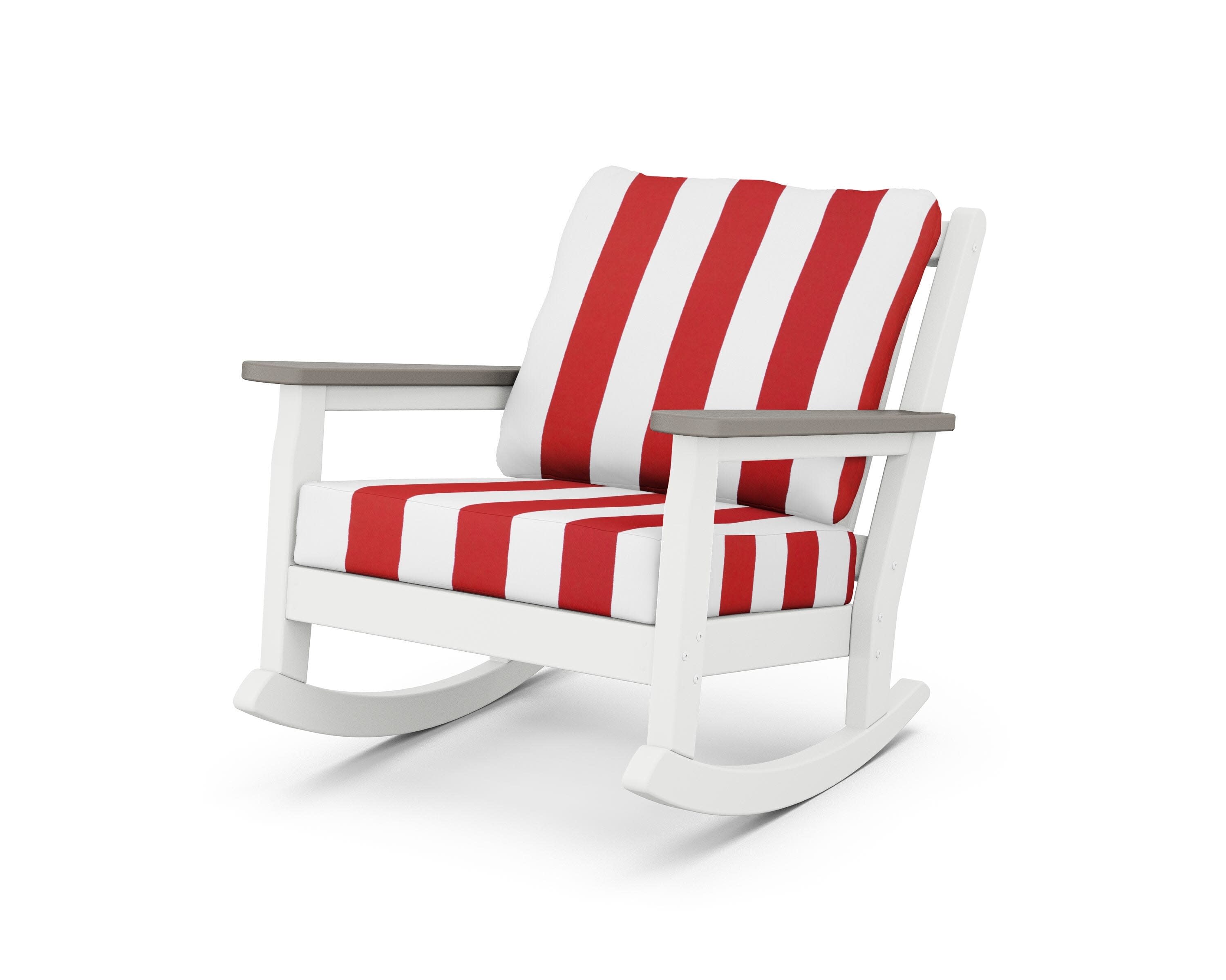 Chippendale Deep Seating Rocking Chair in White / Driftwood / Cabana Stripe Crimson