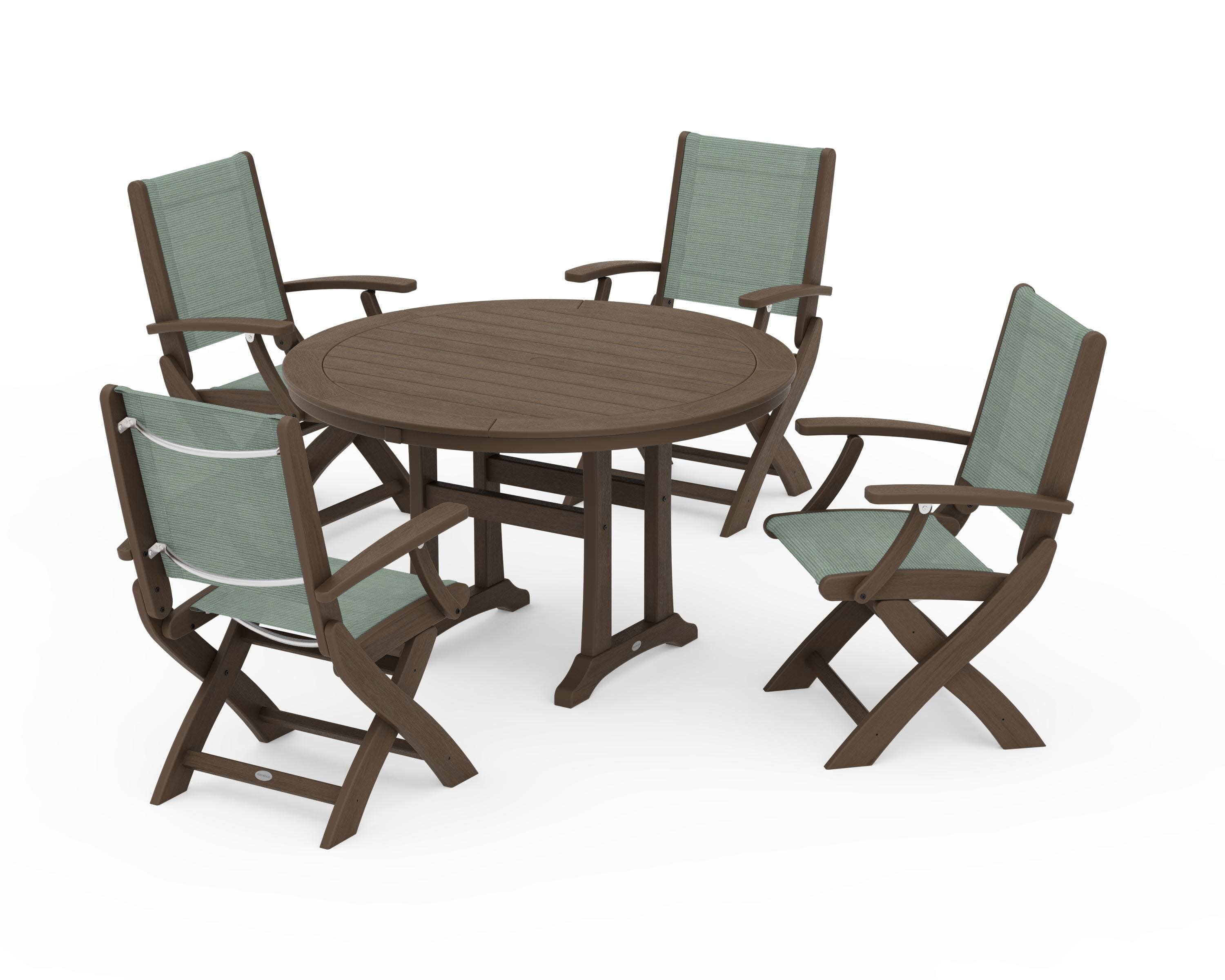 Coastal Folding Chair 5-Piece Round Dining Set with Trestle Legs in Kona / Dupioni Sea Mist Sling
