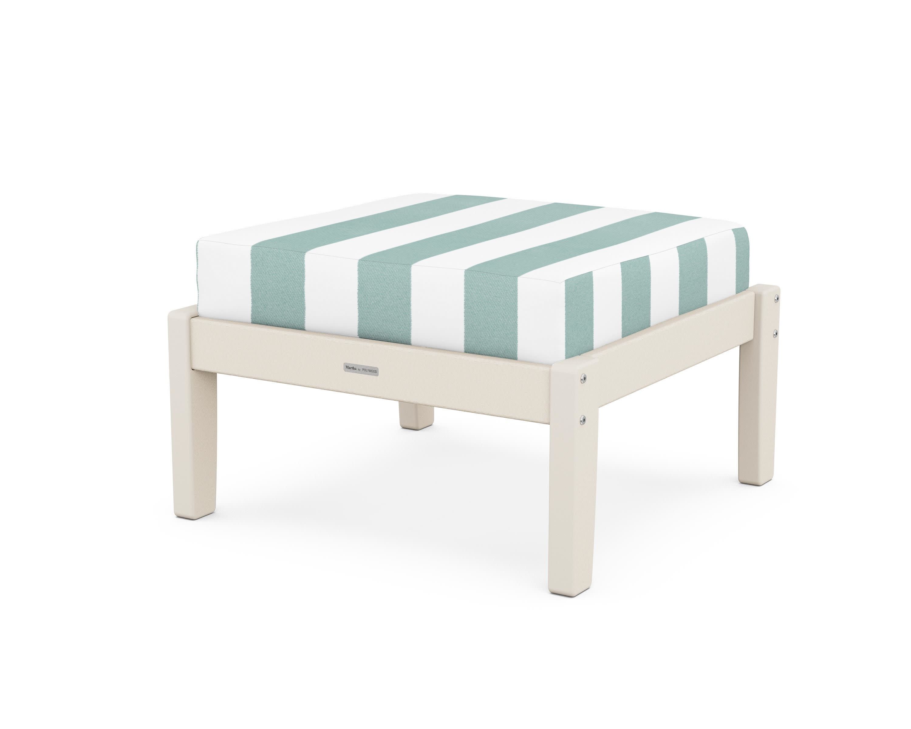 Chinoiserie Deep Seating Ottoman in Sand / Cabana Stripe Glacier Spa