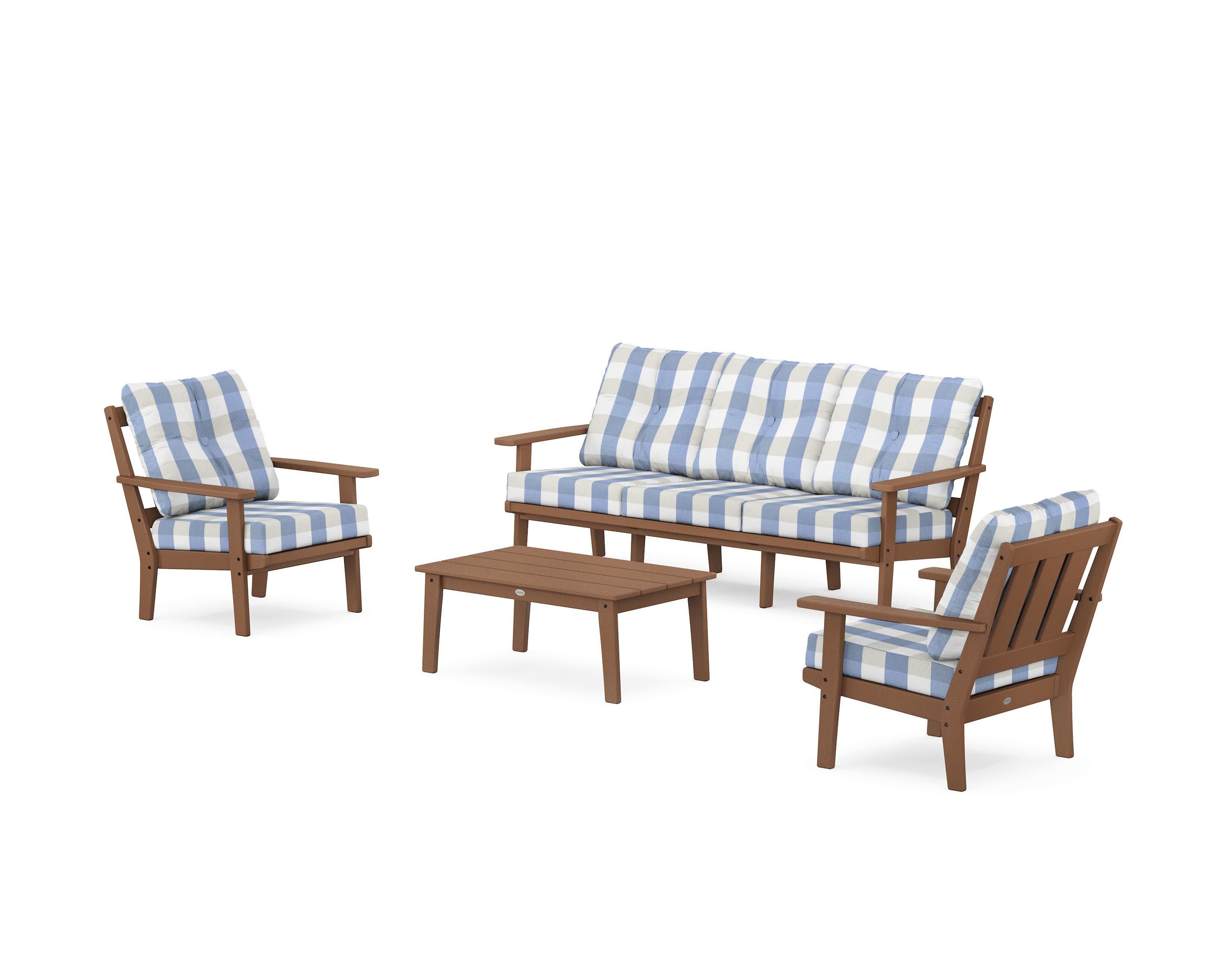 Oxford 4-Piece Deep Seating Set with Sofa in Teak / Buffalo Plaid Sky Blue