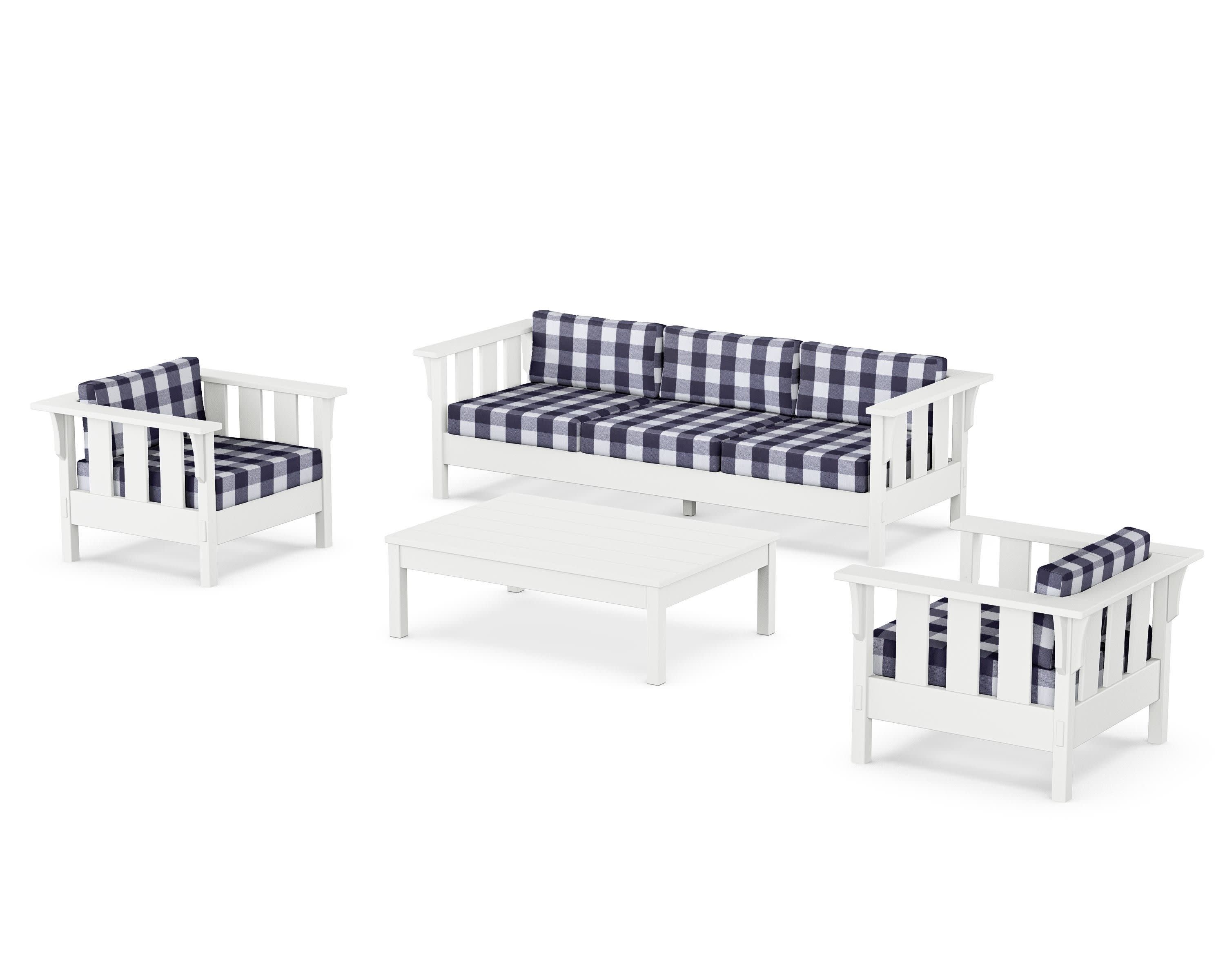 Acadia 4-Piece Deep Seating Set with Sofa in White / Buffalo Plaid Navy