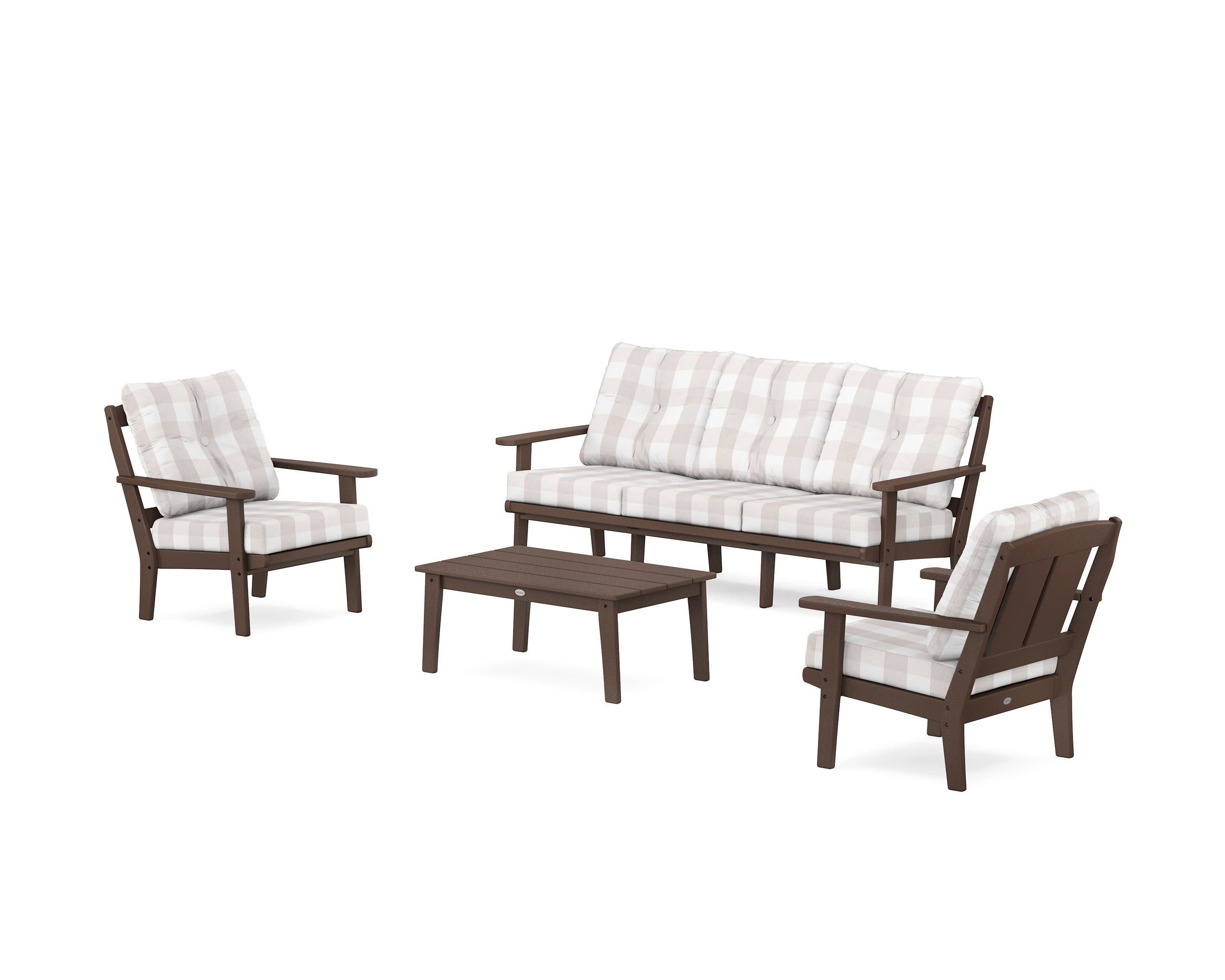 Mission 4-Piece Deep Seating Set with Sofa in Mahogany / Buffalo Plaid Dune Burlap