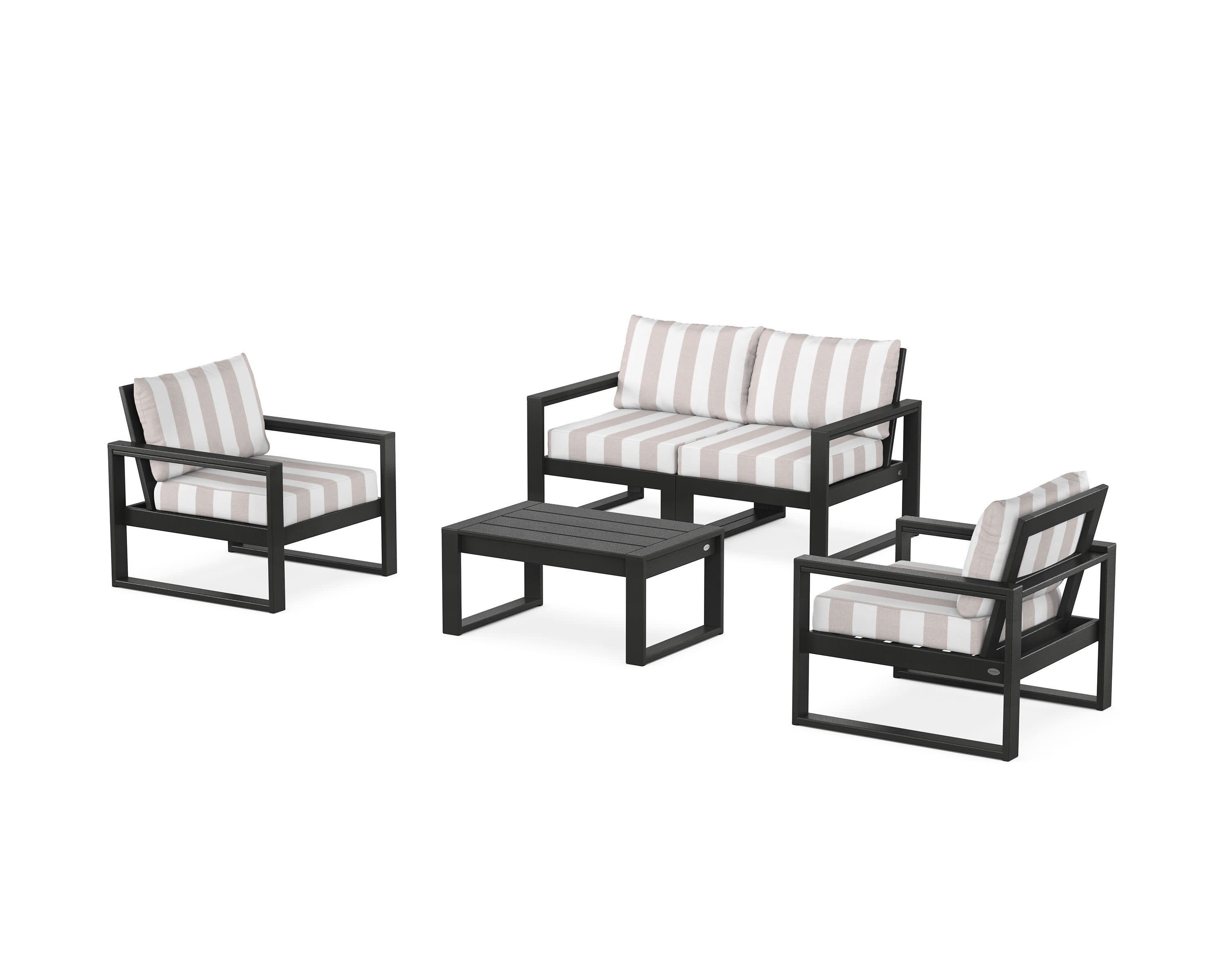 EDGE Sectional 4-Piece Deep Seating Set with Loveseat in Black / Cabana Stripe Dune Burlap