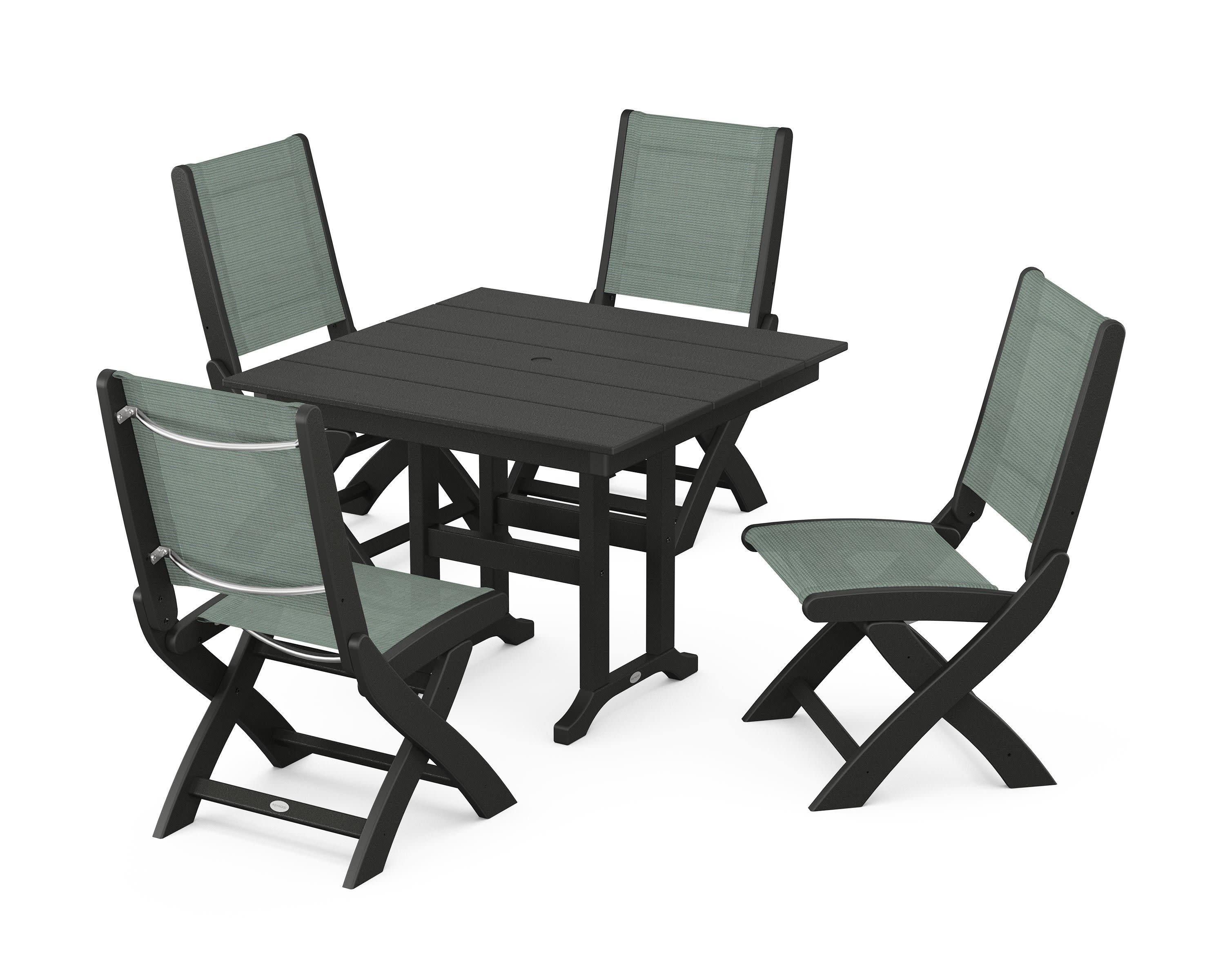 Coastal Folding Side Chair 5-Piece Farmhouse Dining Set in Black / Dupioni Sea Mist Sling