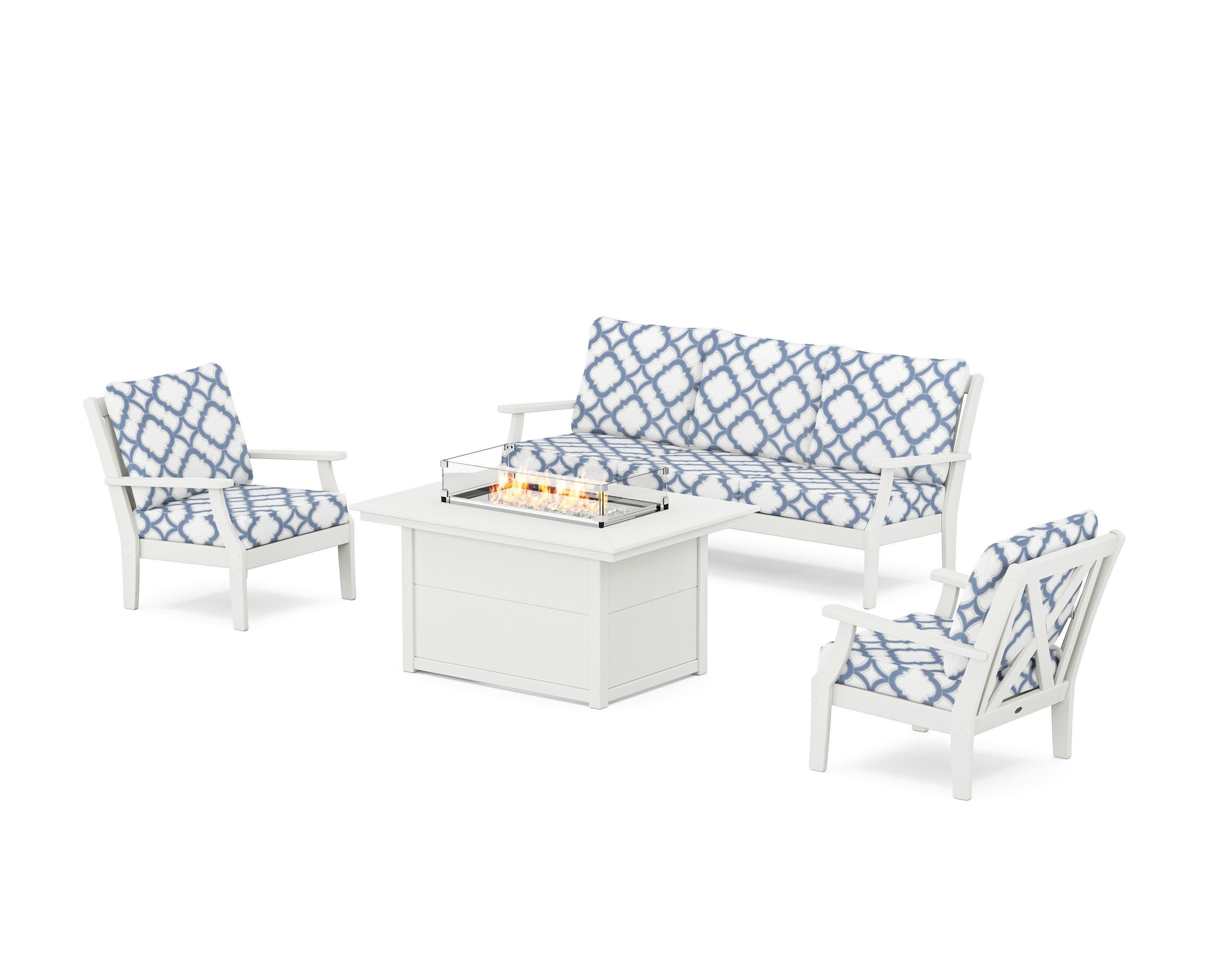 Braxton Deep Seating Fire Pit Table Set in Vintage White / Trellis Sky Blue
