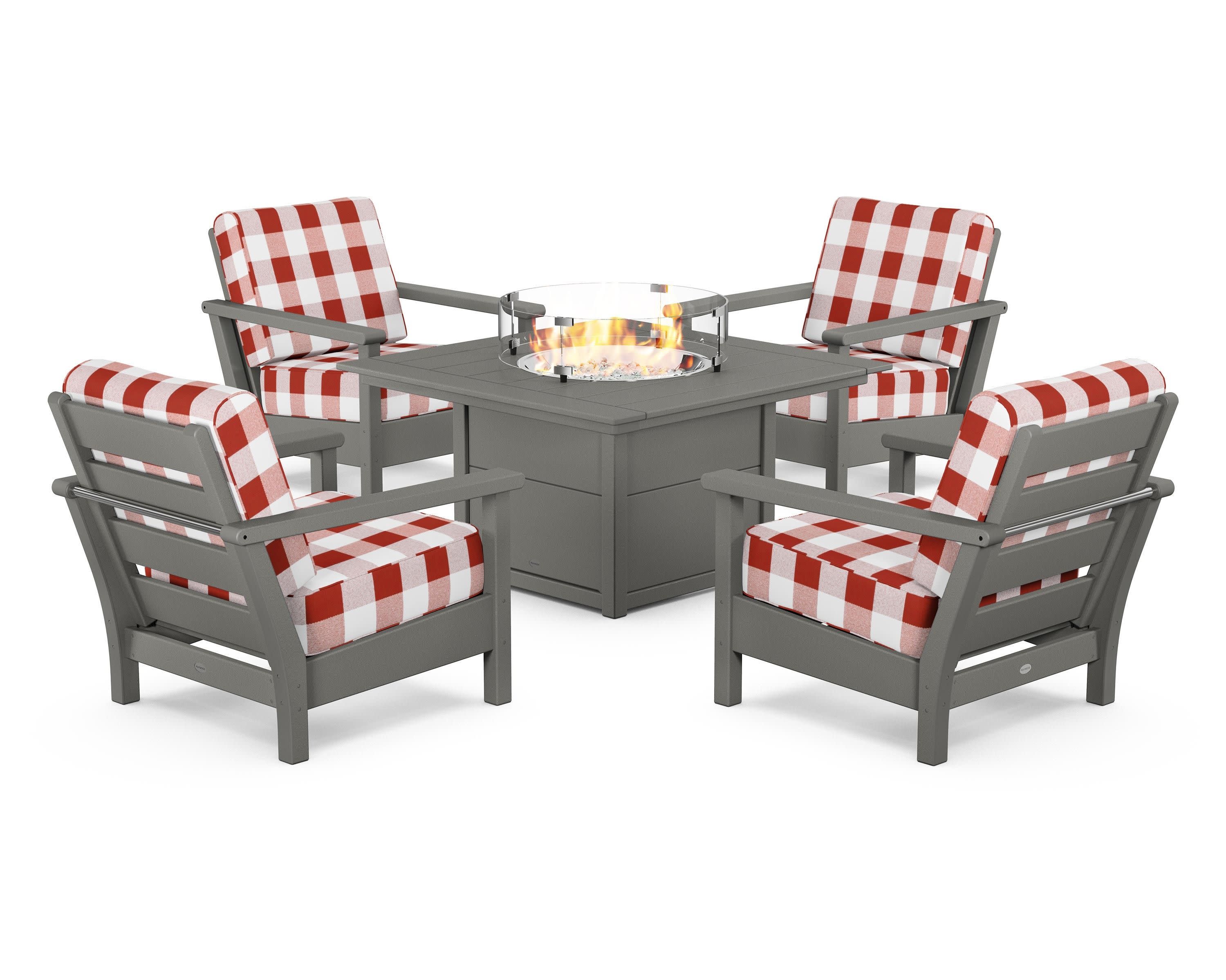 Harbour 5-Piece Conversation Set with Fire Pit Table in Slate Grey / Buffalo Plaid Crimson