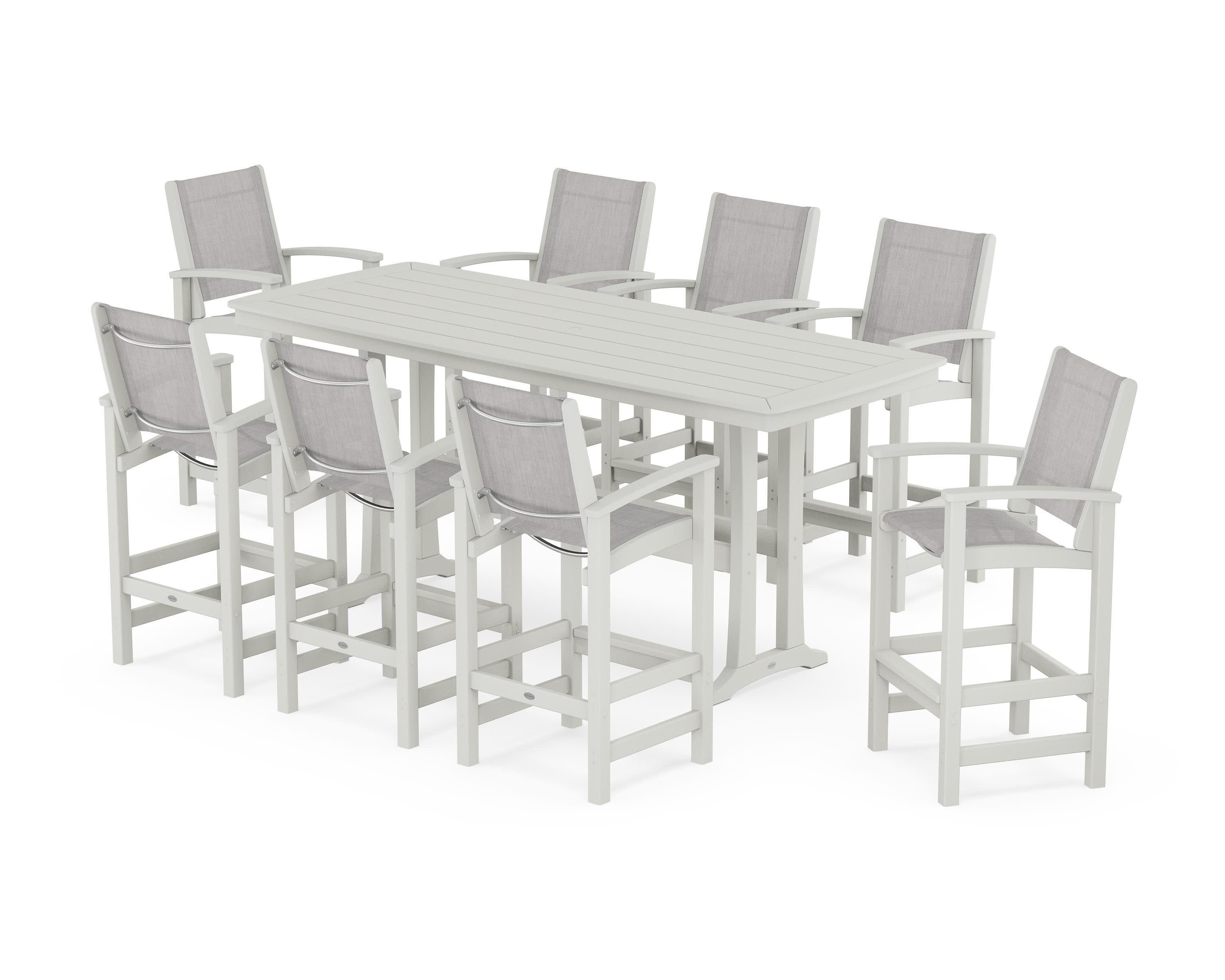 Coastal 9-Piece Bar Set with Trestle Legs in Vintage White / Parchment Sling
