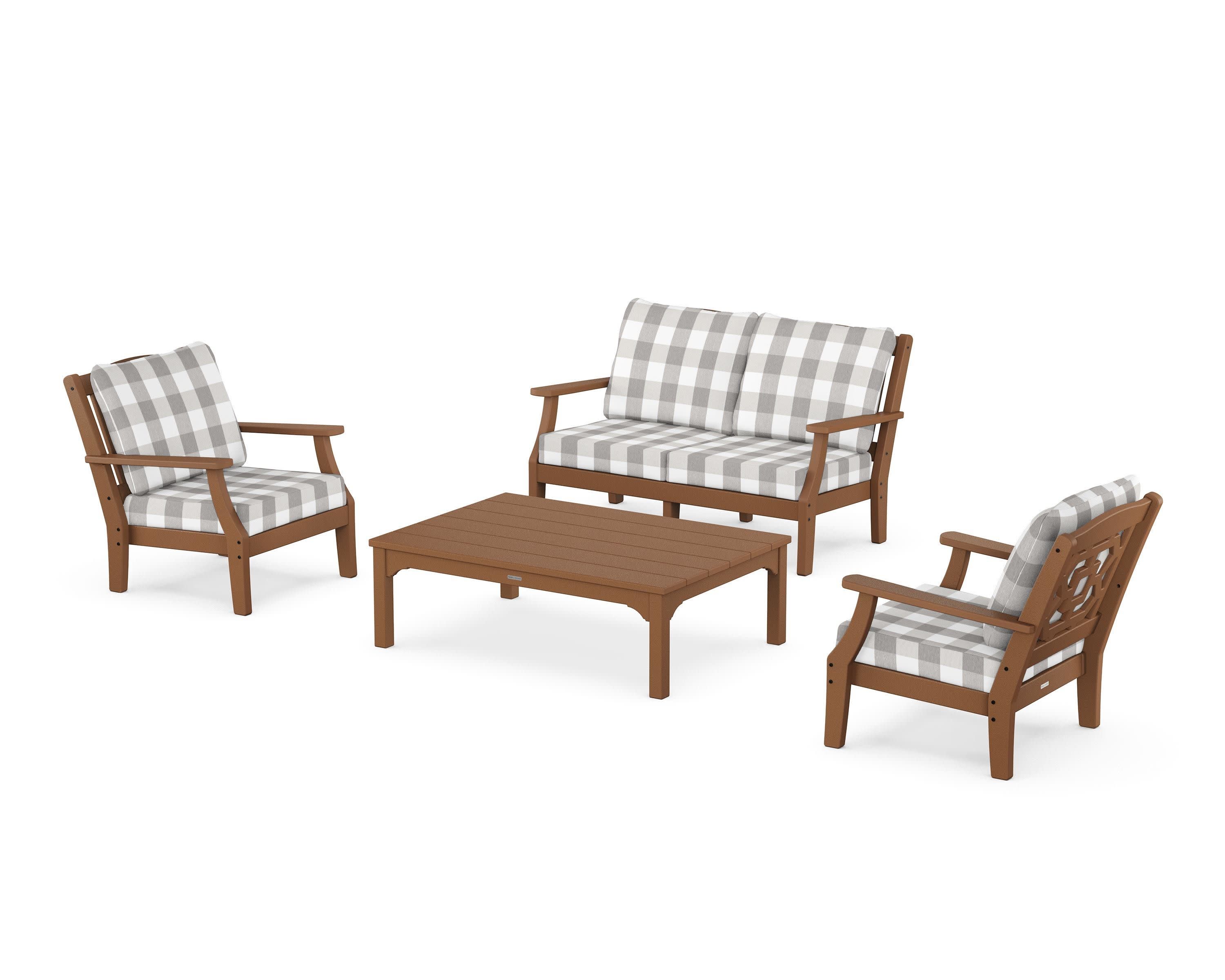 Chinoiserie 4-Piece Deep Seating Set with Loveseat in Teak / Buffalo Plaid Grey Mist