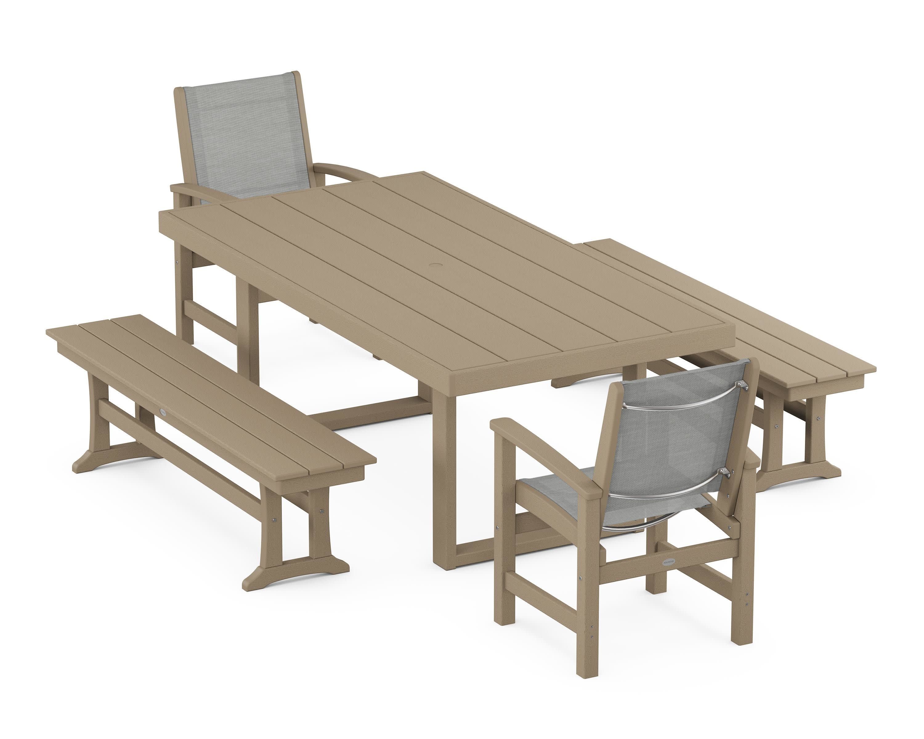 Coastal 5-Piece Dining Set with Trestle Legs in Vintage Sahara / Metallic Sling
