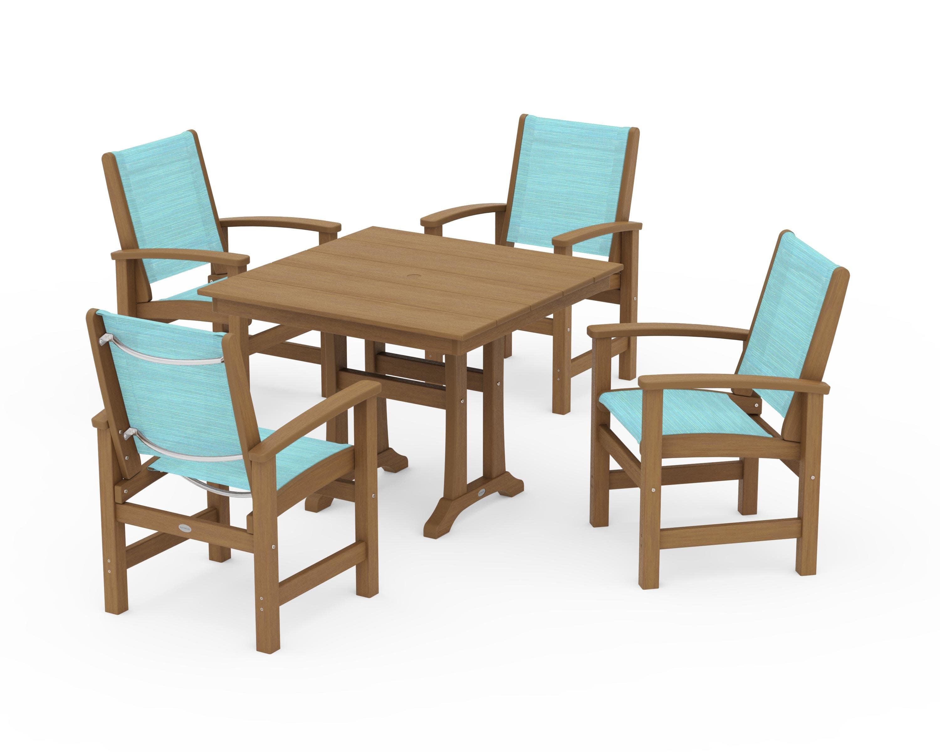 Coastal 5-Piece Farmhouse Dining Set With Trestle Legs in Natural / Dupioni Aquamarine Sling