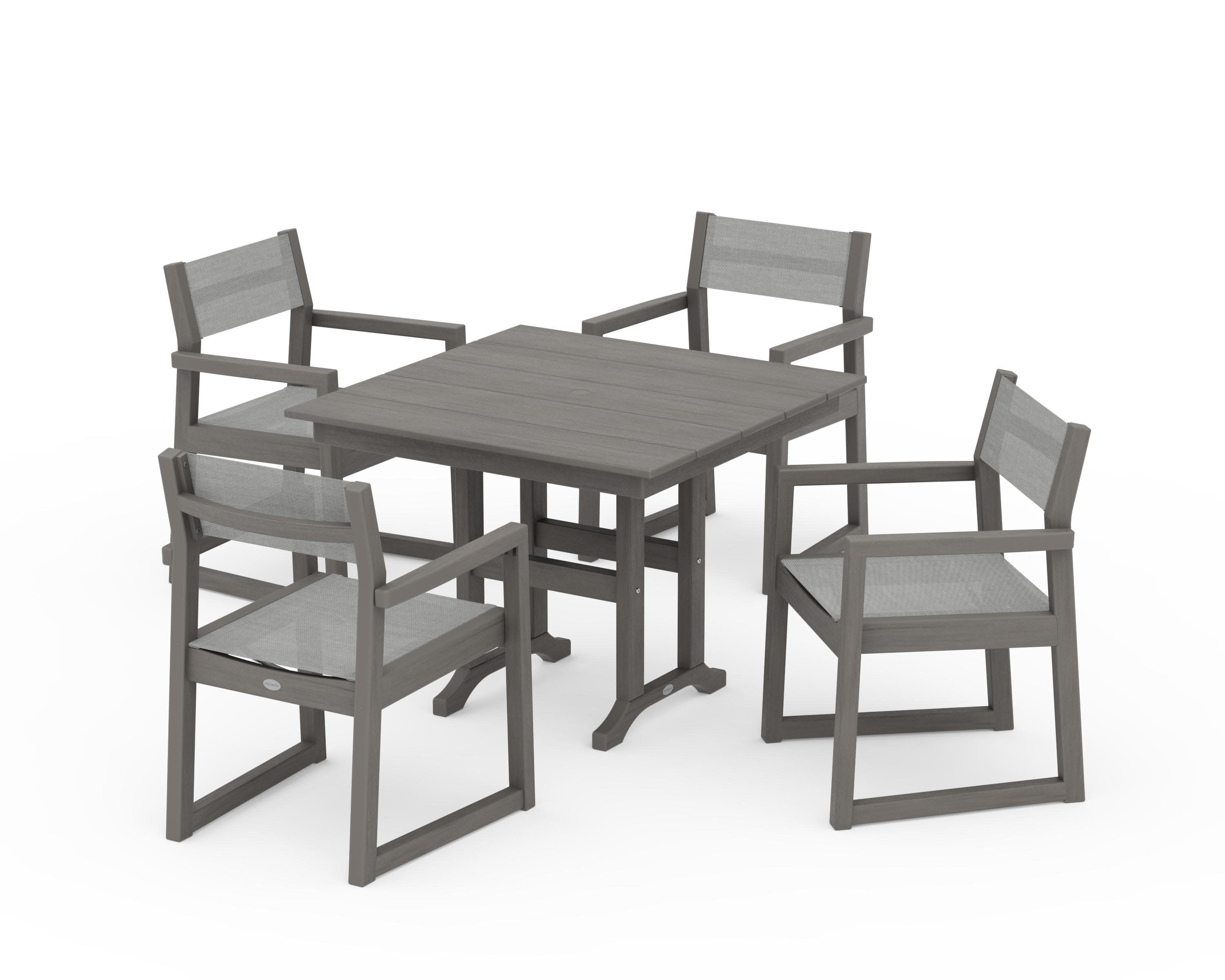 EDGE Sling Arm Chair 5-Piece Farmhouse Dining Set in Driftwood / Metallic Sling