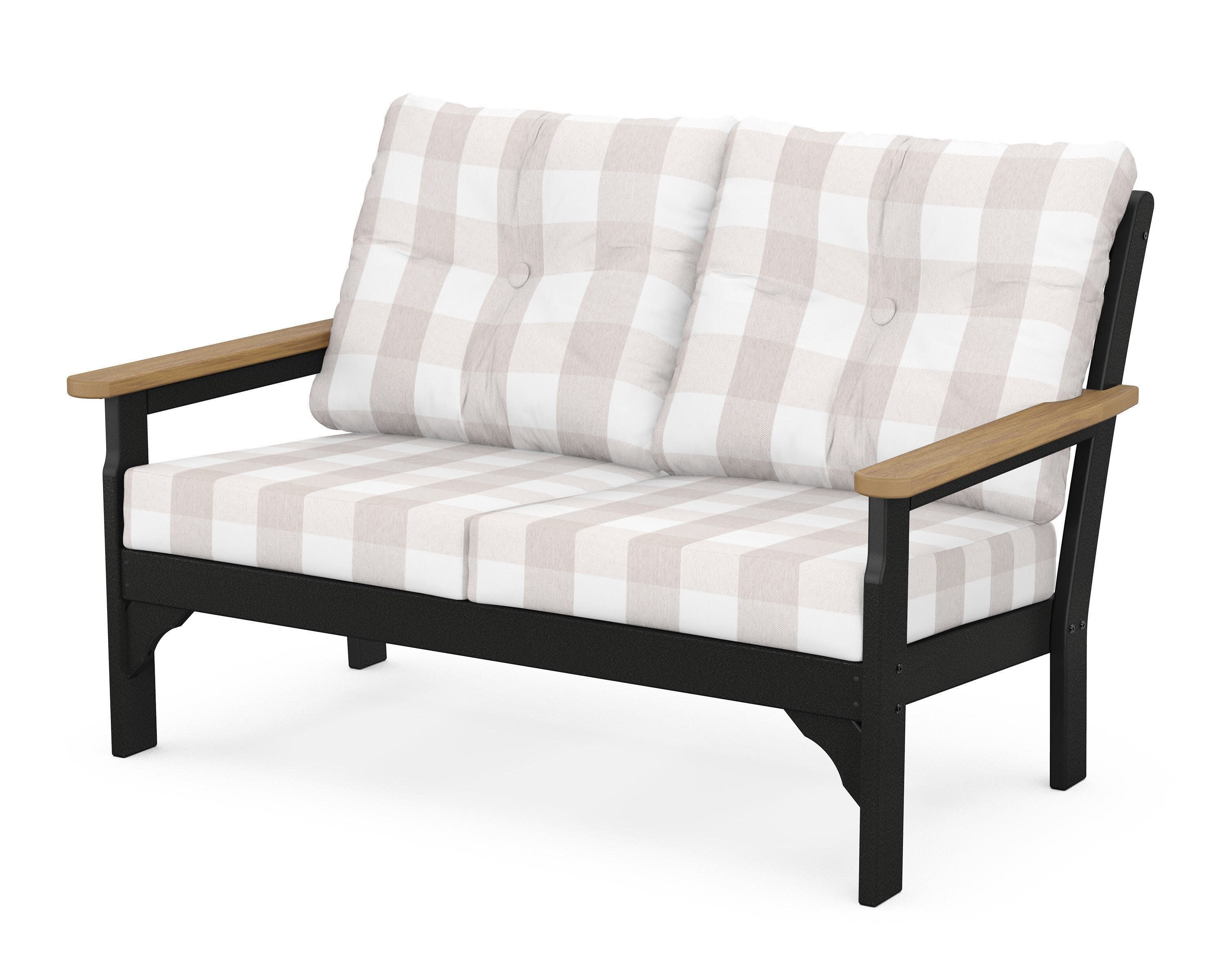 Vineyard Deep Seating Loveseat in Black / Natural / Buffalo Plaid Dune Burlap