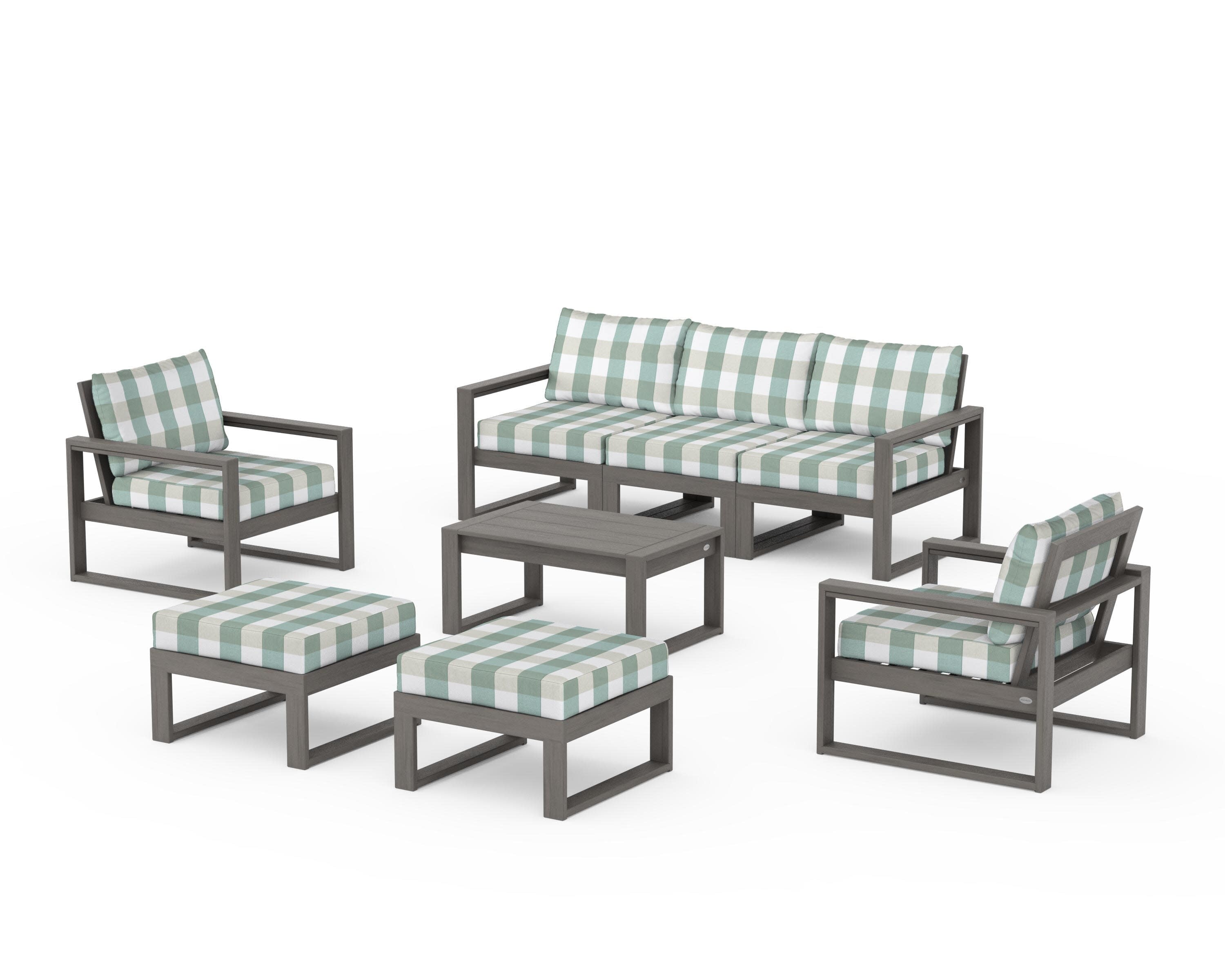 EDGE Sectional 8-Piece Lounge Sofa Set in Driftwood / Buffalo Plaid Glacier Spa